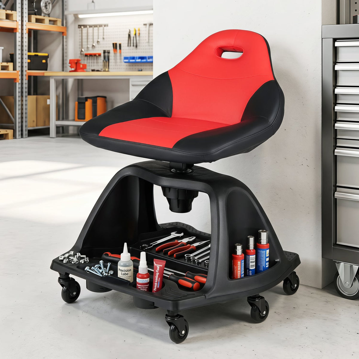 330 LBS Capacity Garage Mechanic Stool Seat with Backrest 6 Universal Wheels and Tool Tray Storage-Red-Garages-DECOROLALA