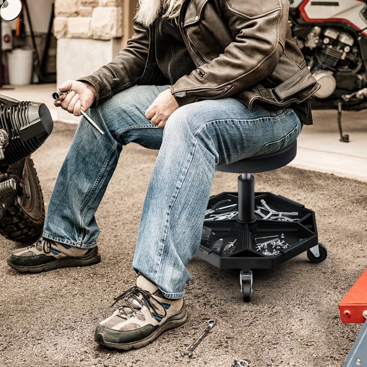 330 LBS Capacity Pneumatic Rolling Mechanic Stool with Padded Seat-Black-Garages-DECOROLALA