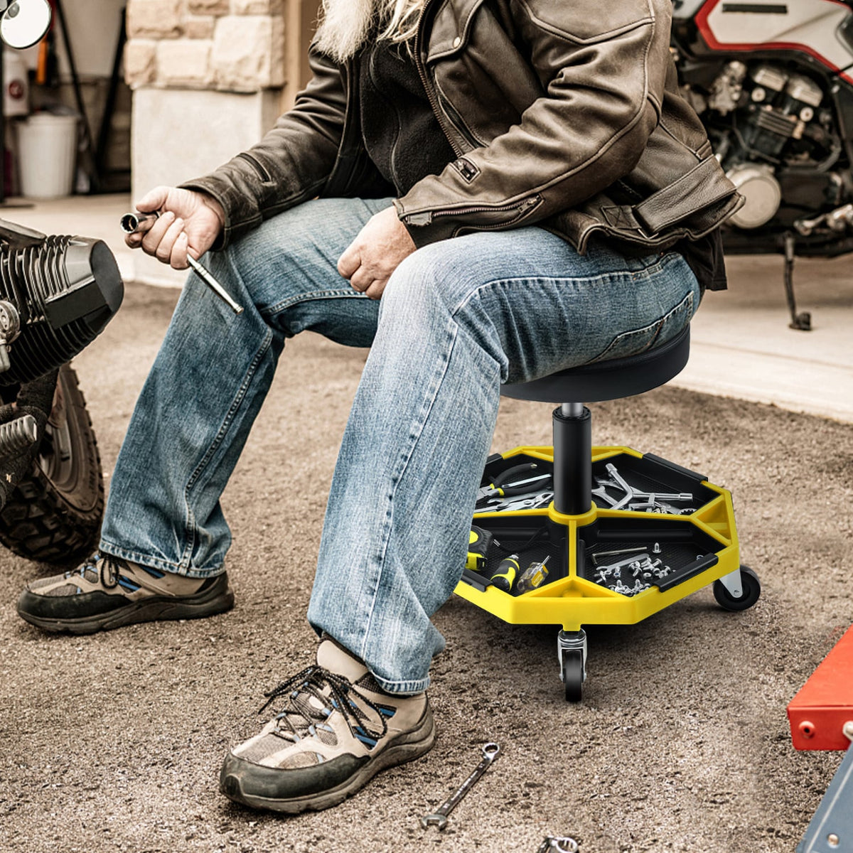 330 LBS Capacity Pneumatic Rolling Mechanic Stool with Padded Seat-Yellow-Garages-DECOROLALA