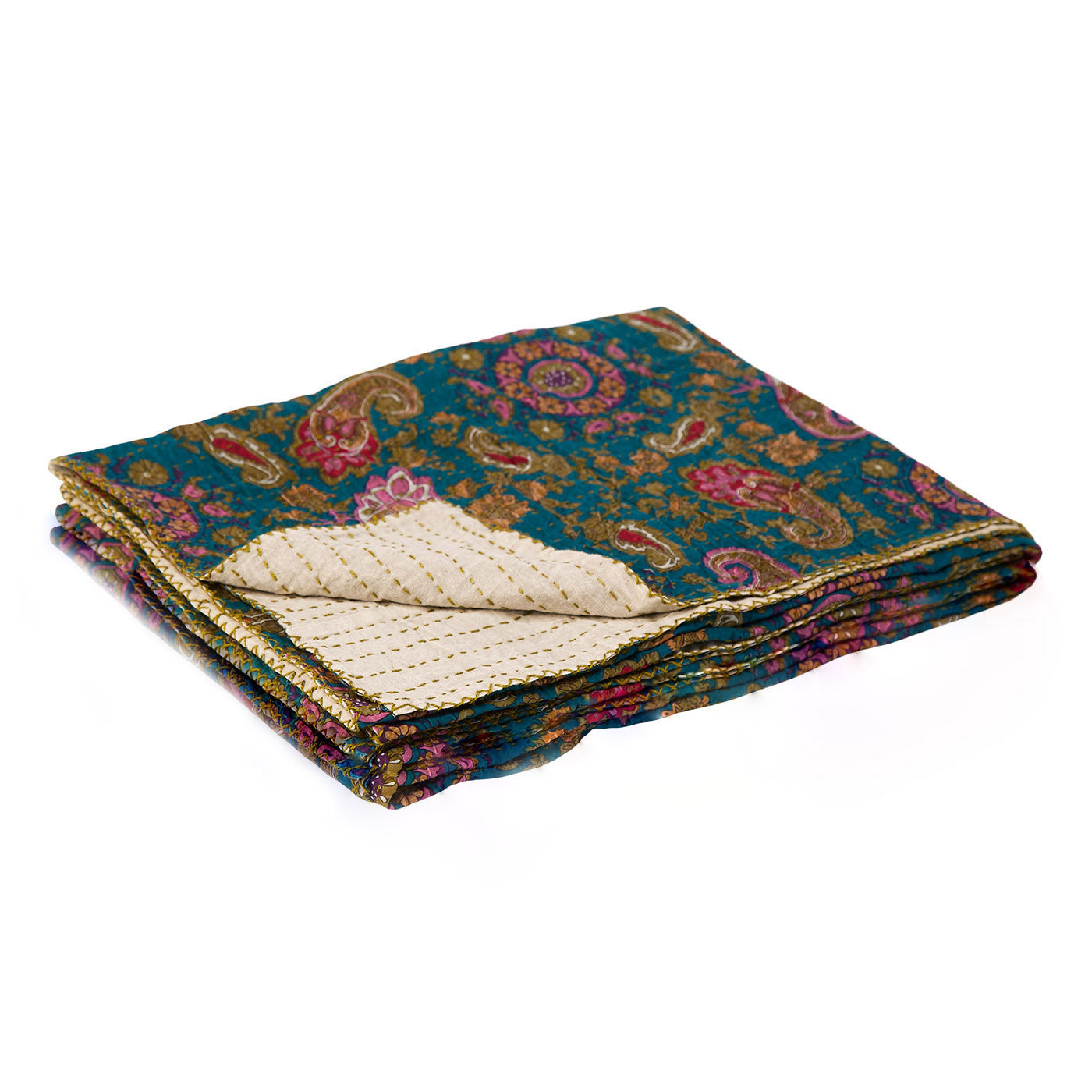 50" X 70" Green and Pink Kantha Cotton Paisley Throw Blanket with Embroidery-Throws & Blankets-DECOROLALA