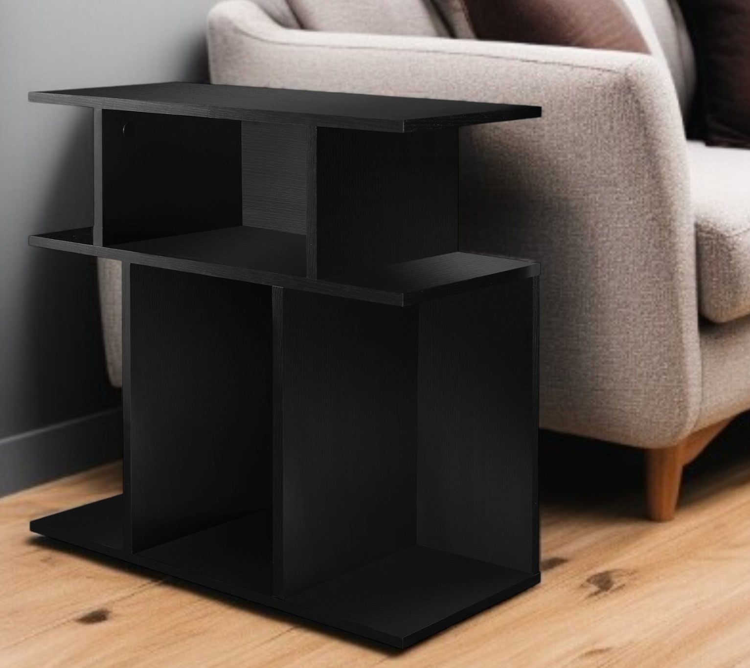 24" Black Wood End Table With Six Open Shelves-0