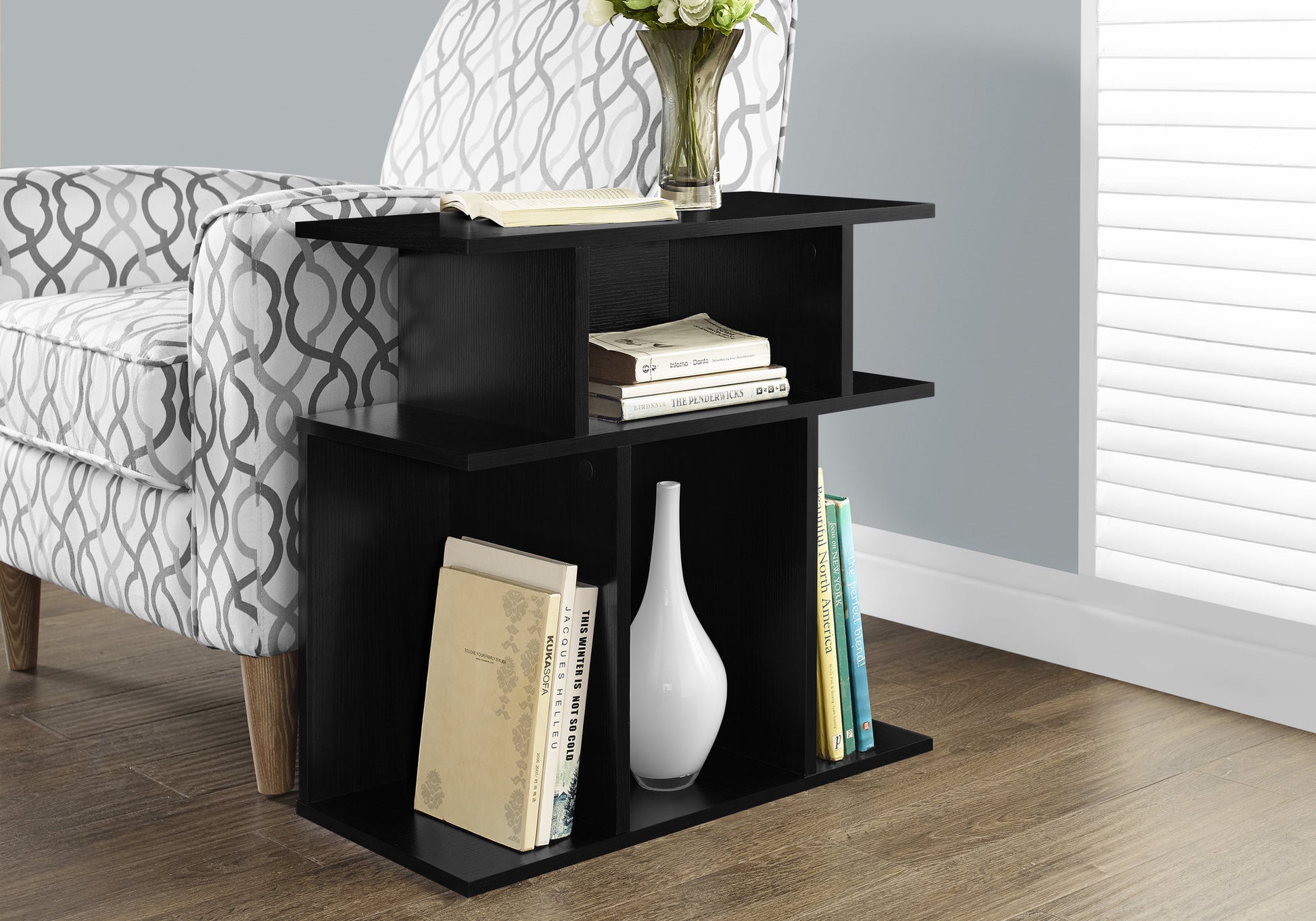 24" Black Wood End Table With Six Open Shelves-4