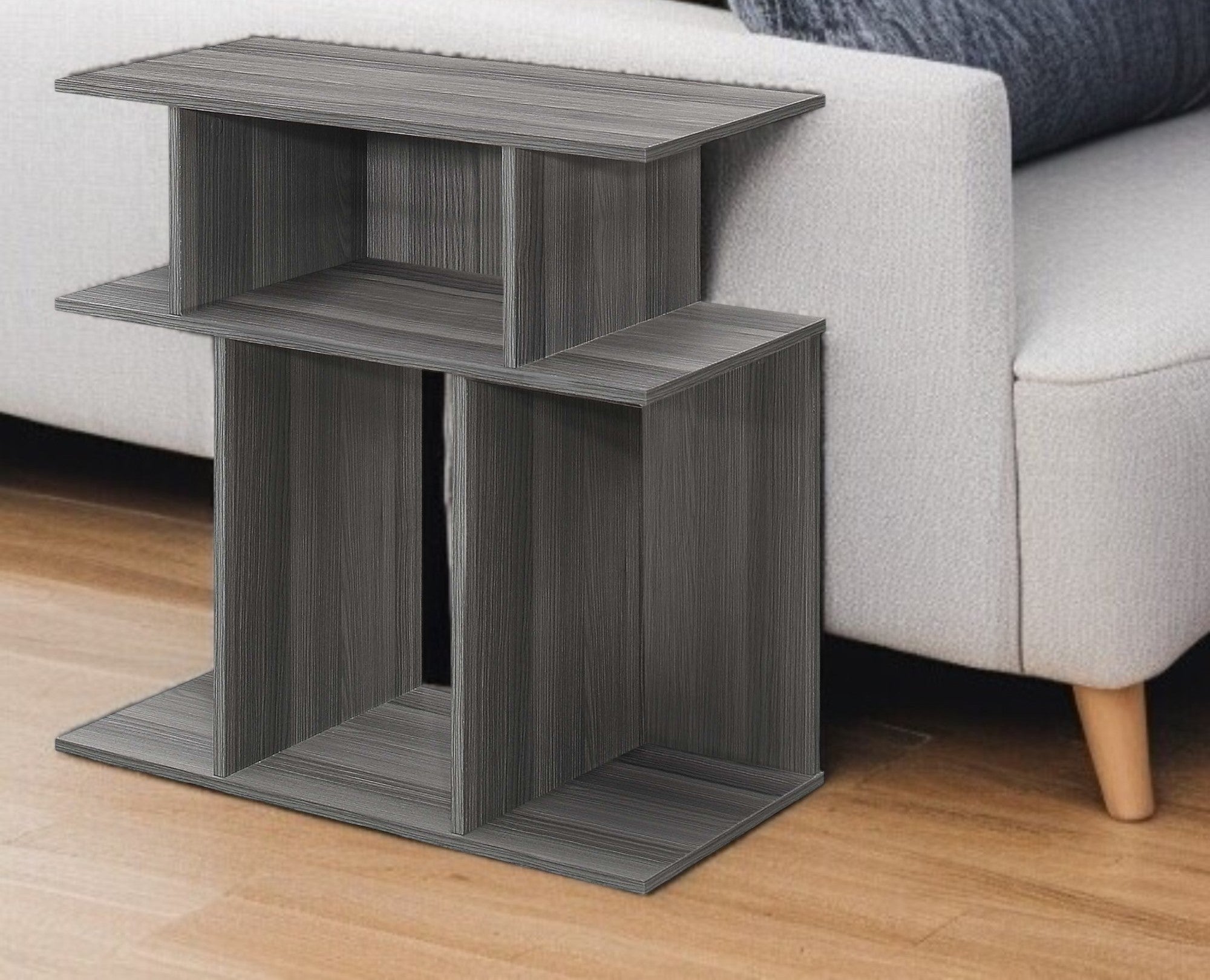 24" Dark Gray Wood End Table With Six Open Shelves-0
