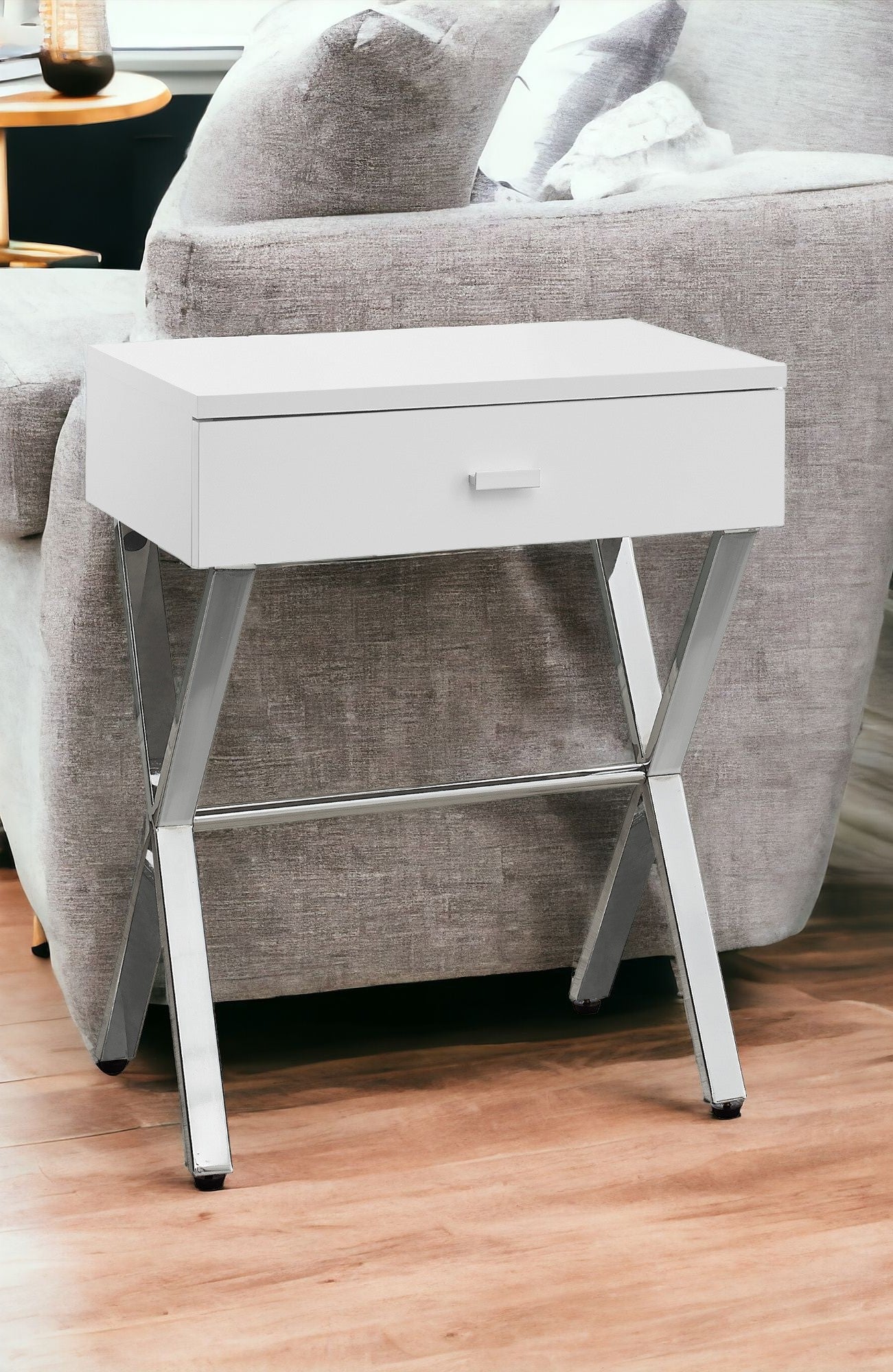 22" Silver And White Wood And Metal End Table With Drawer-End-Side Tables-DECOROLALA