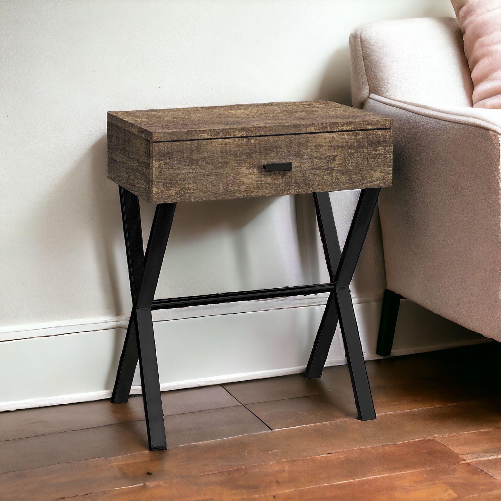 22" Black And Brown Wood And Metal End Table With Drawer-End-Side Tables-DECOROLALA