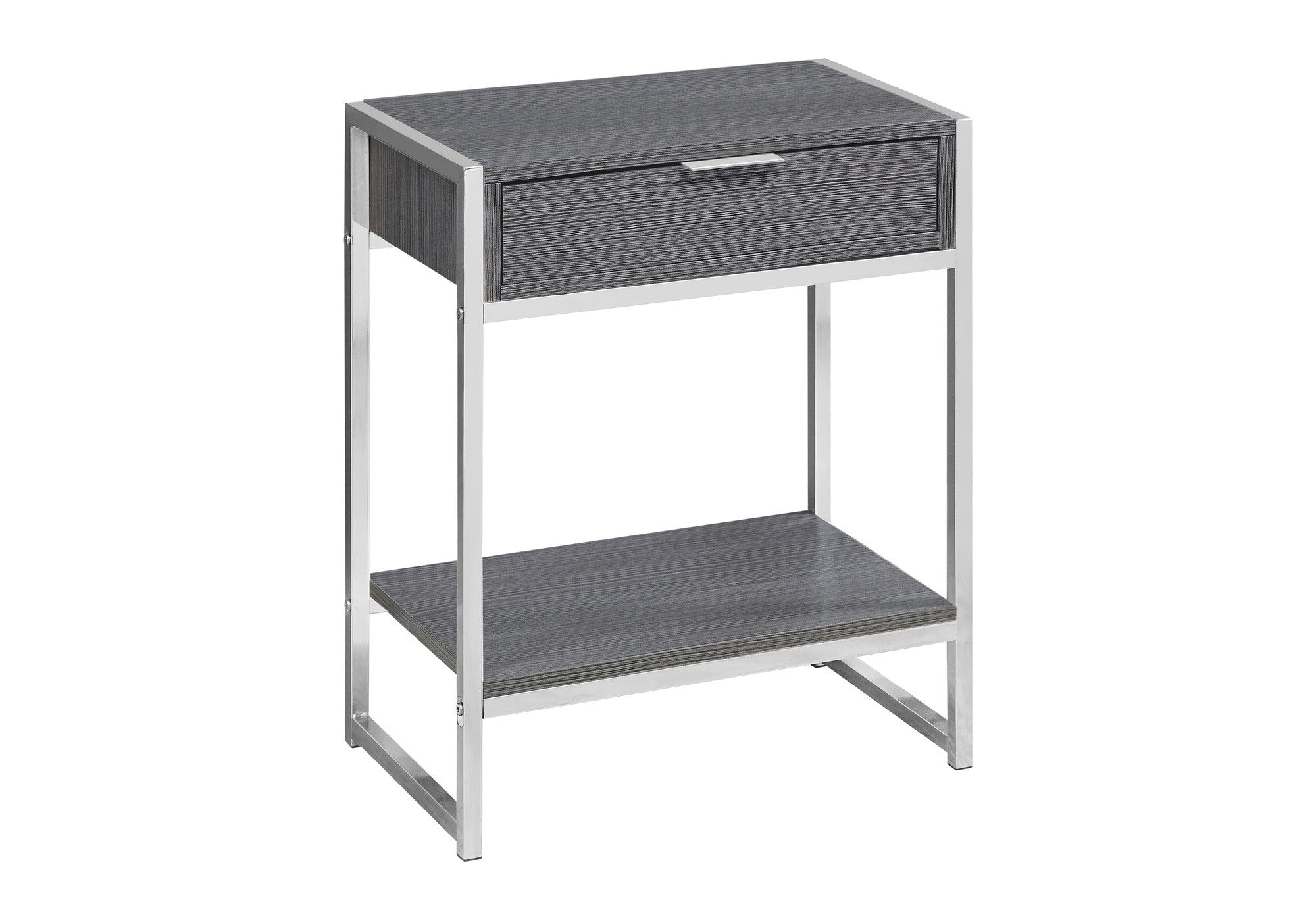 24" Silver And Gray Wood And Metal End Table With Drawer And Shelf-End-Side Tables-DECOROLALA