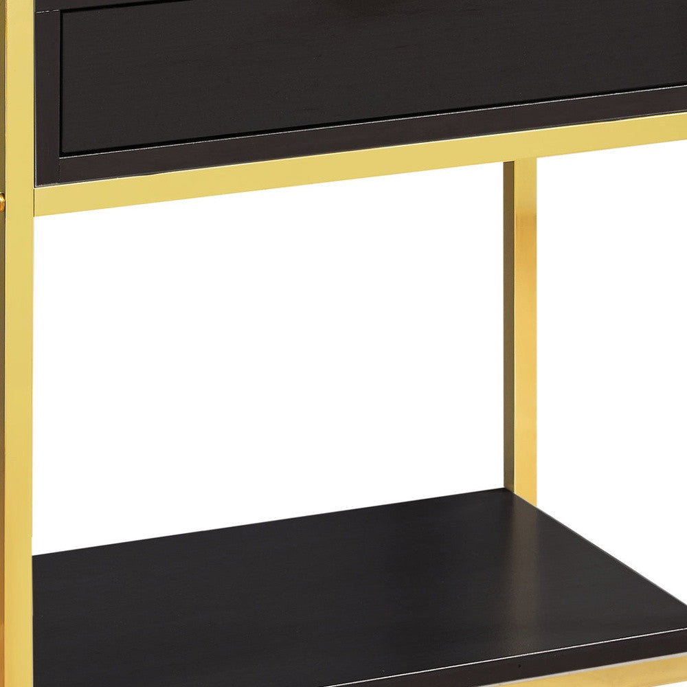 24" Gold And Dark Brown Wood And Metal End Table With Drawer And Shelf-End-Side Tables-DECOROLALA