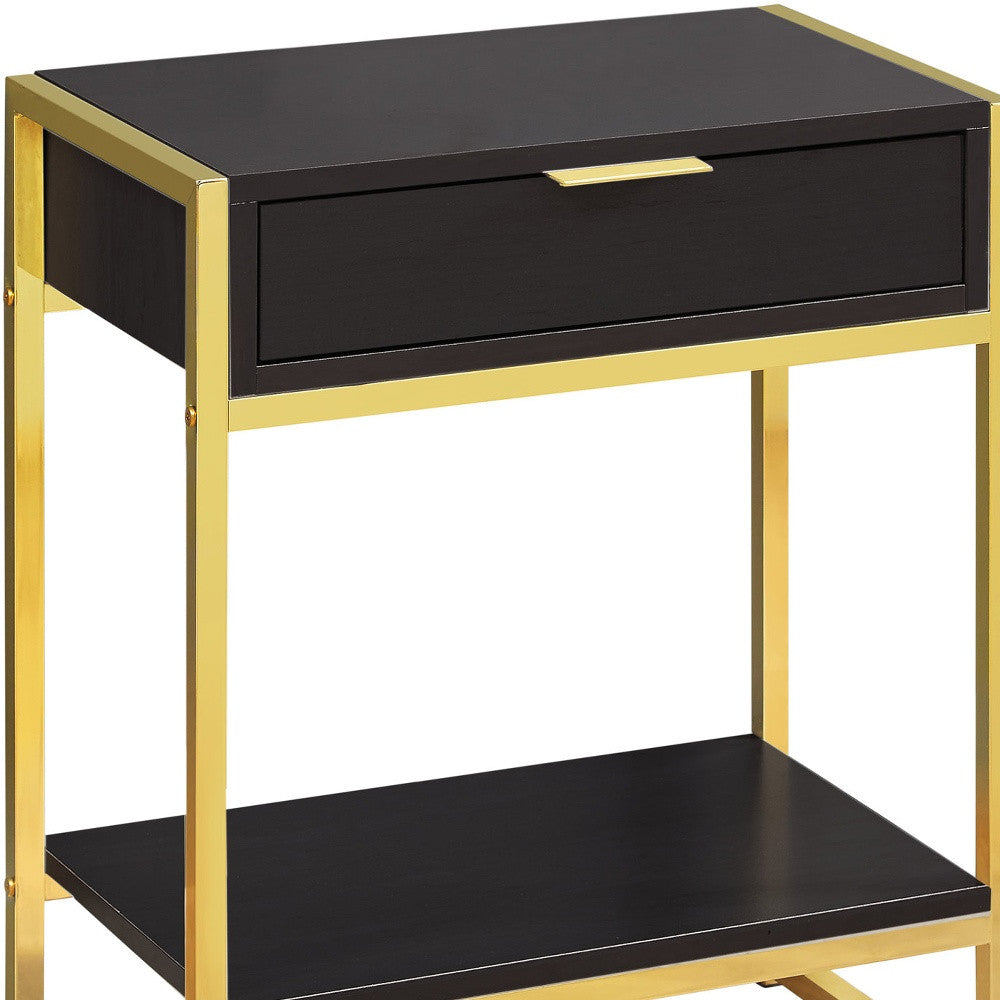 24" Gold And Dark Brown Wood And Metal End Table With Drawer And Shelf-End-Side Tables-DECOROLALA