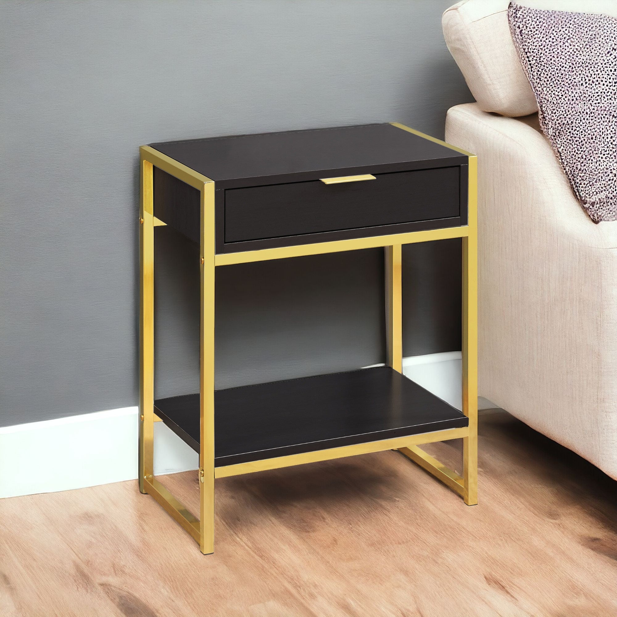 24" Gold And Dark Brown Wood And Metal End Table With Drawer And Shelf-End-Side Tables-DECOROLALA