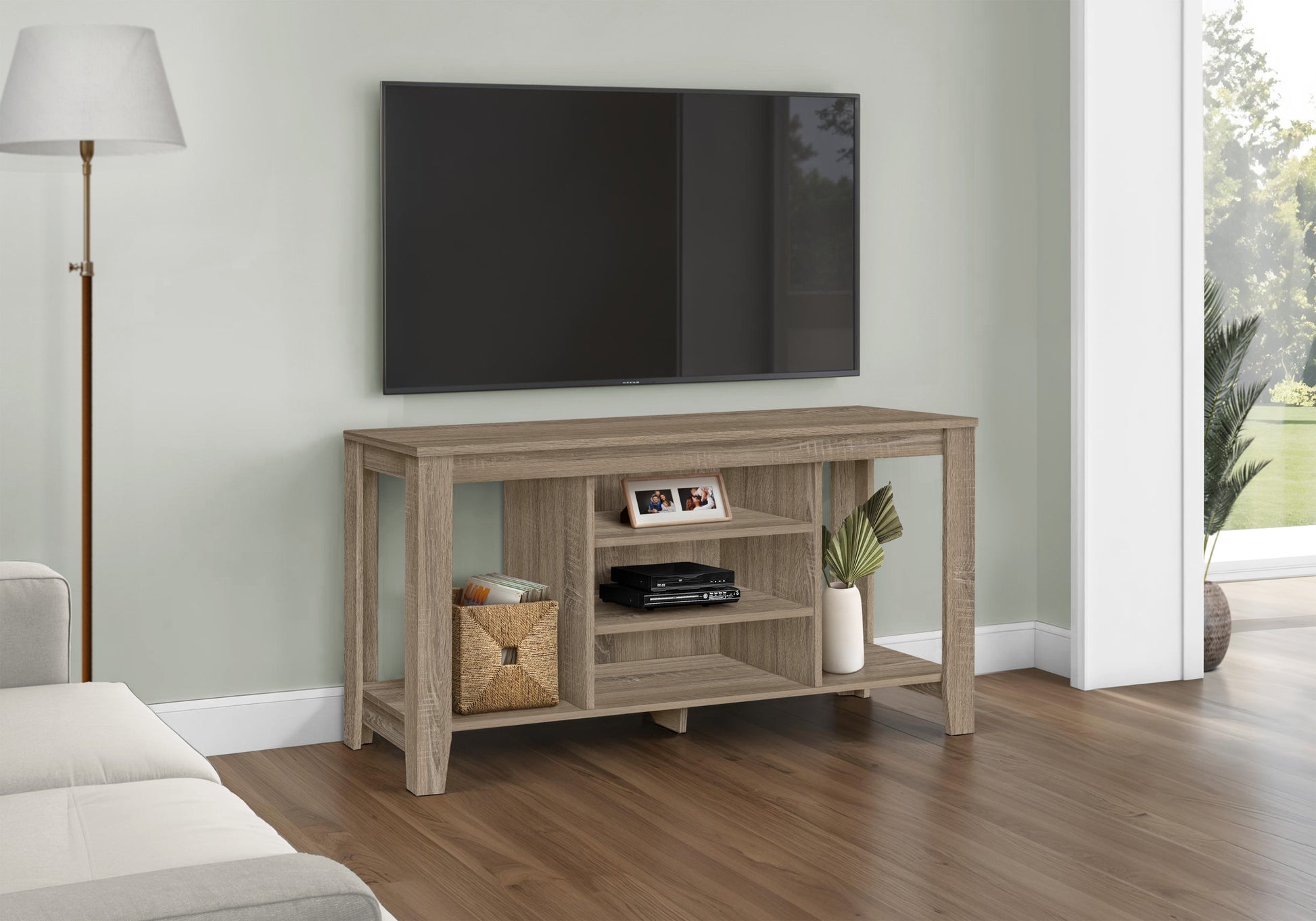 48" Taupe Wood Open Shelving TV Stand-TV Stands-DECOROLALA
