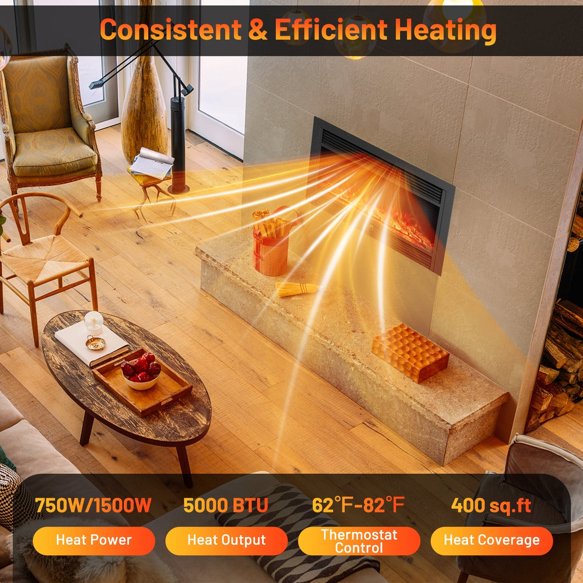 33/36-Inch Electric Fireplace Insert 750W/1500W Recessed Fireplace Heater-1500W-Fireplaces-DECOROLALA