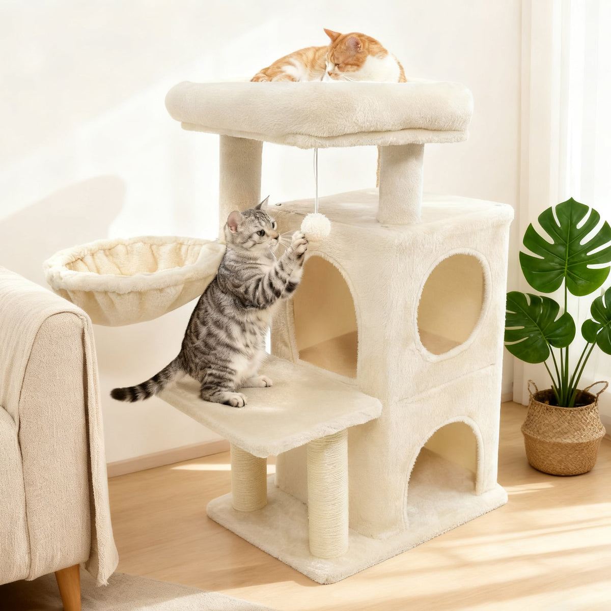 33.5 Inch Cute Kitten Tower with 2-Tier Condo and Padded Top Perch-Beige-Cat Trees & Scratchers-DECOROLALA