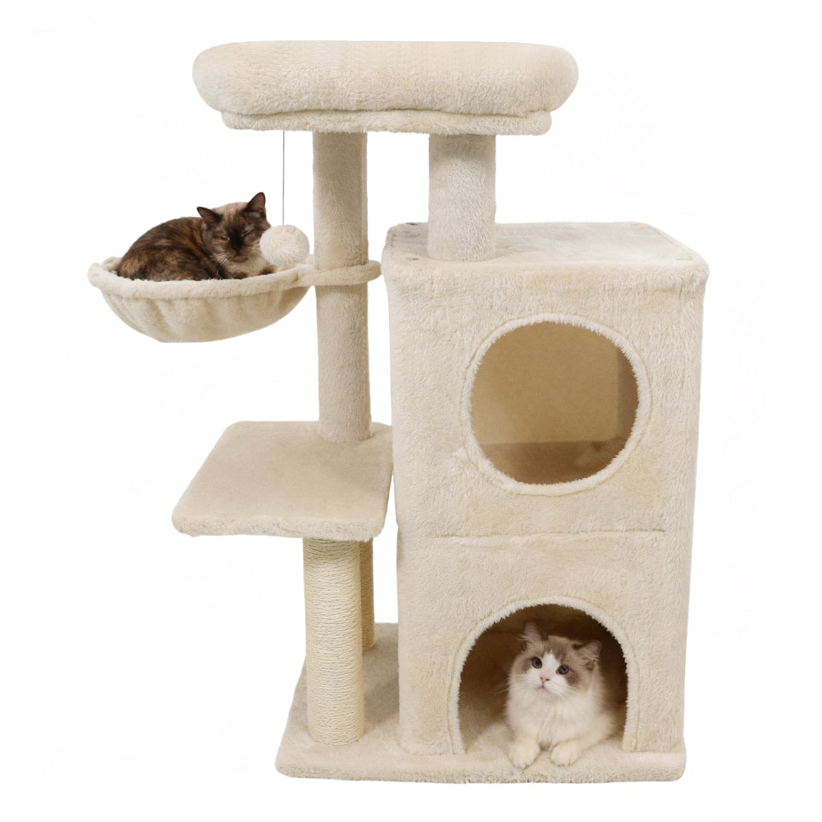 33.5 Inch Cute Kitten Tower with 2-Tier Condo and Padded Top Perch-Beige-Cat Trees & Scratchers-DECOROLALA