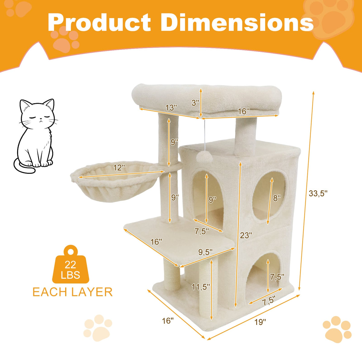 33.5 Inch Cute Kitten Tower with 2-Tier Condo and Padded Top Perch-Beige-Cat Trees & Scratchers-DECOROLALA