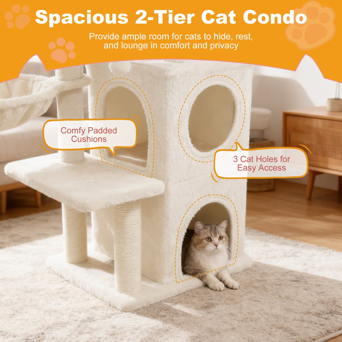 33.5 Inch Cute Kitten Tower with 2-Tier Condo and Padded Top Perch-Beige-Cat Trees & Scratchers-DECOROLALA
