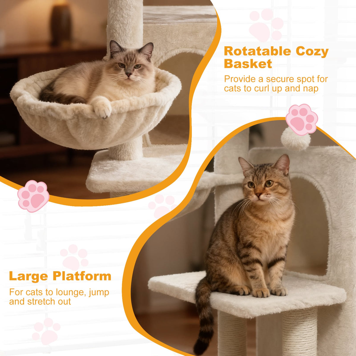 33.5 Inch Cute Kitten Tower with 2-Tier Condo and Padded Top Perch-Beige-Cat Trees & Scratchers-DECOROLALA
