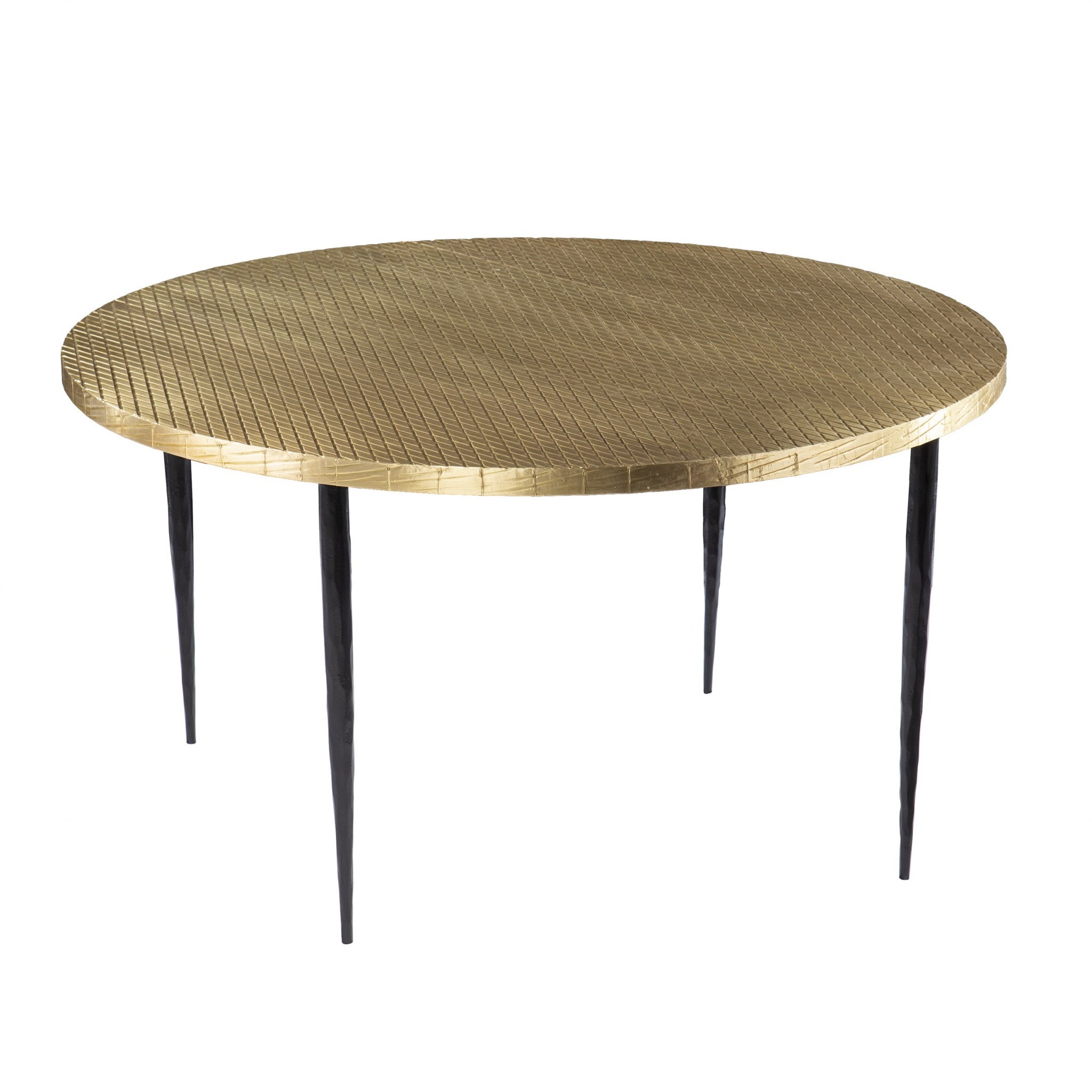 34" Black And Gold Embossed Metal Round Coffee Table-Coffee Tables-DECOROLALA