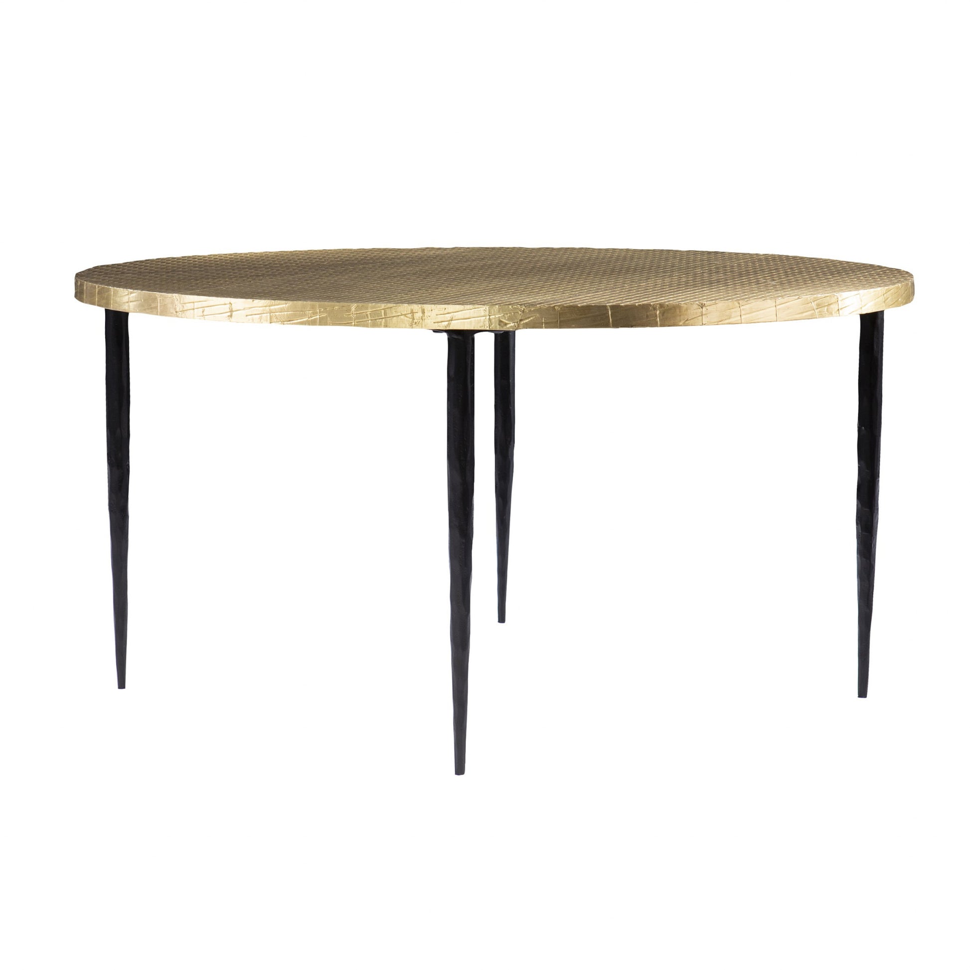 34" Black And Gold Embossed Metal Round Coffee Table-Coffee Tables-DECOROLALA