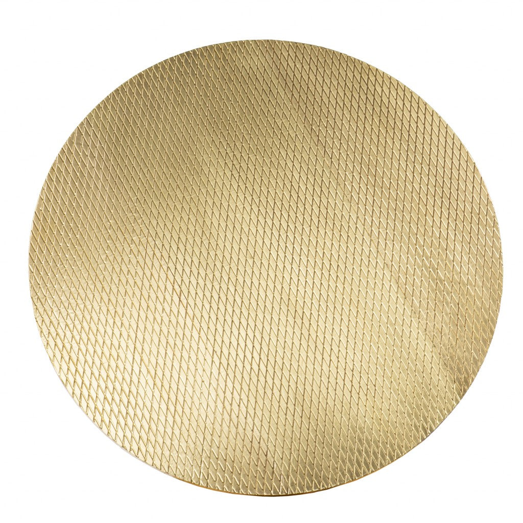 34" Black And Gold Embossed Metal Round Coffee Table-Coffee Tables-DECOROLALA