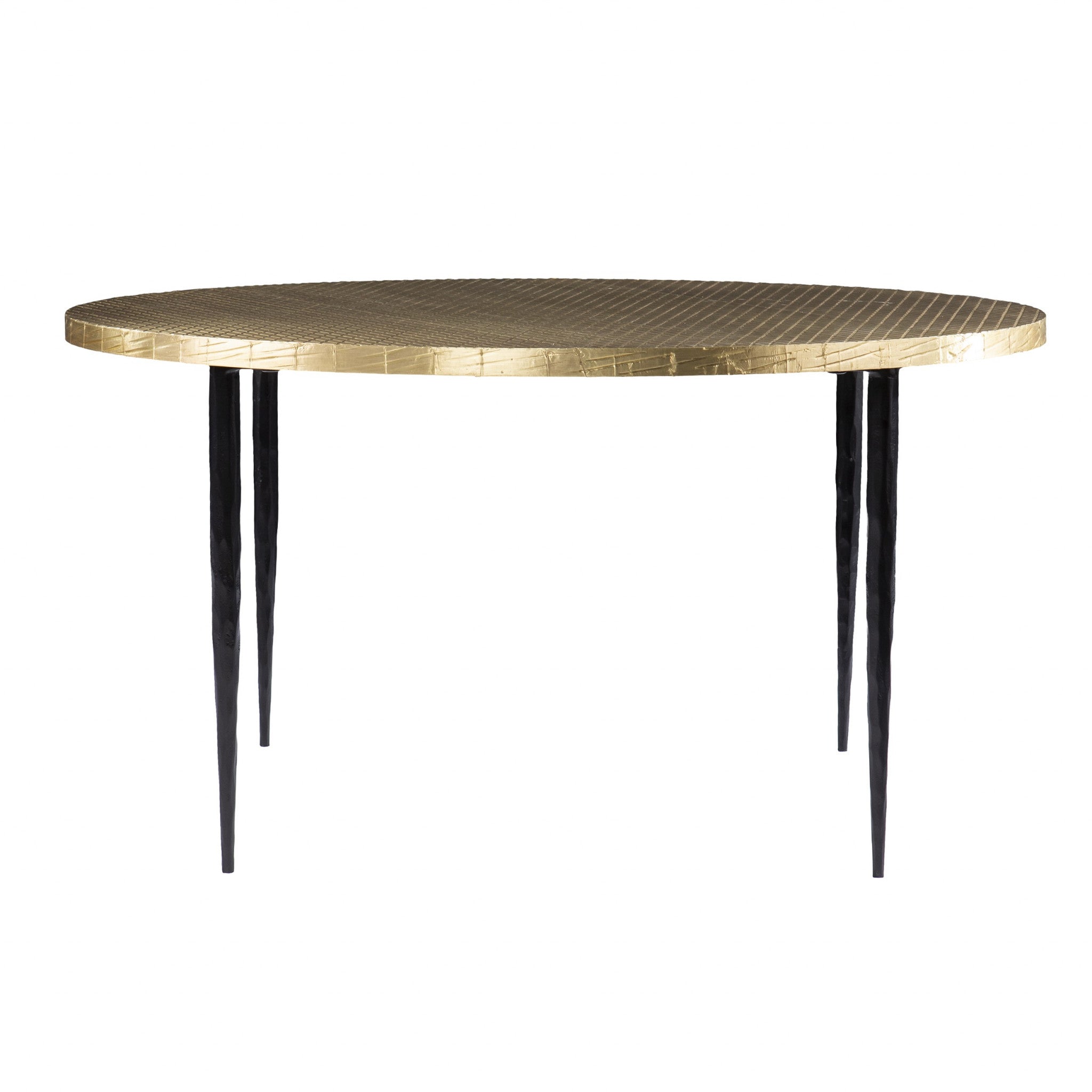 34" Black And Gold Embossed Metal Round Coffee Table-Coffee Tables-DECOROLALA