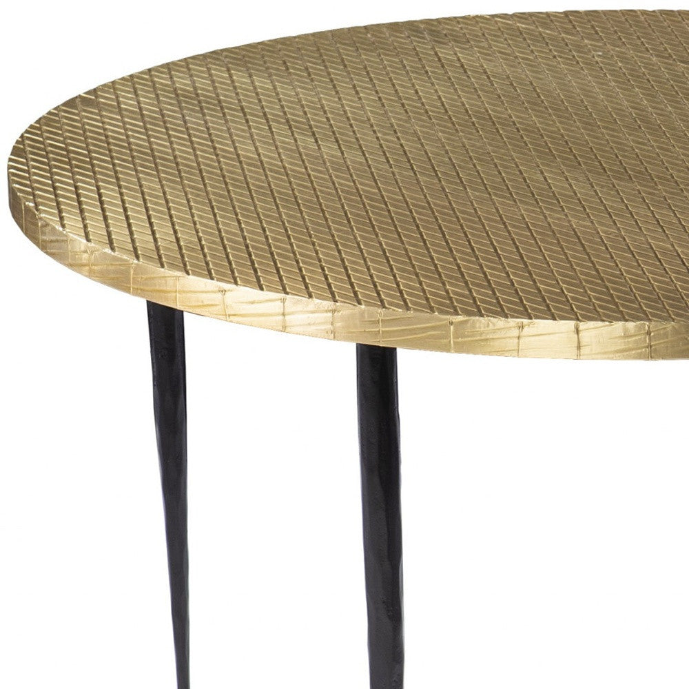 34" Black And Gold Embossed Metal Round Coffee Table-Coffee Tables-DECOROLALA