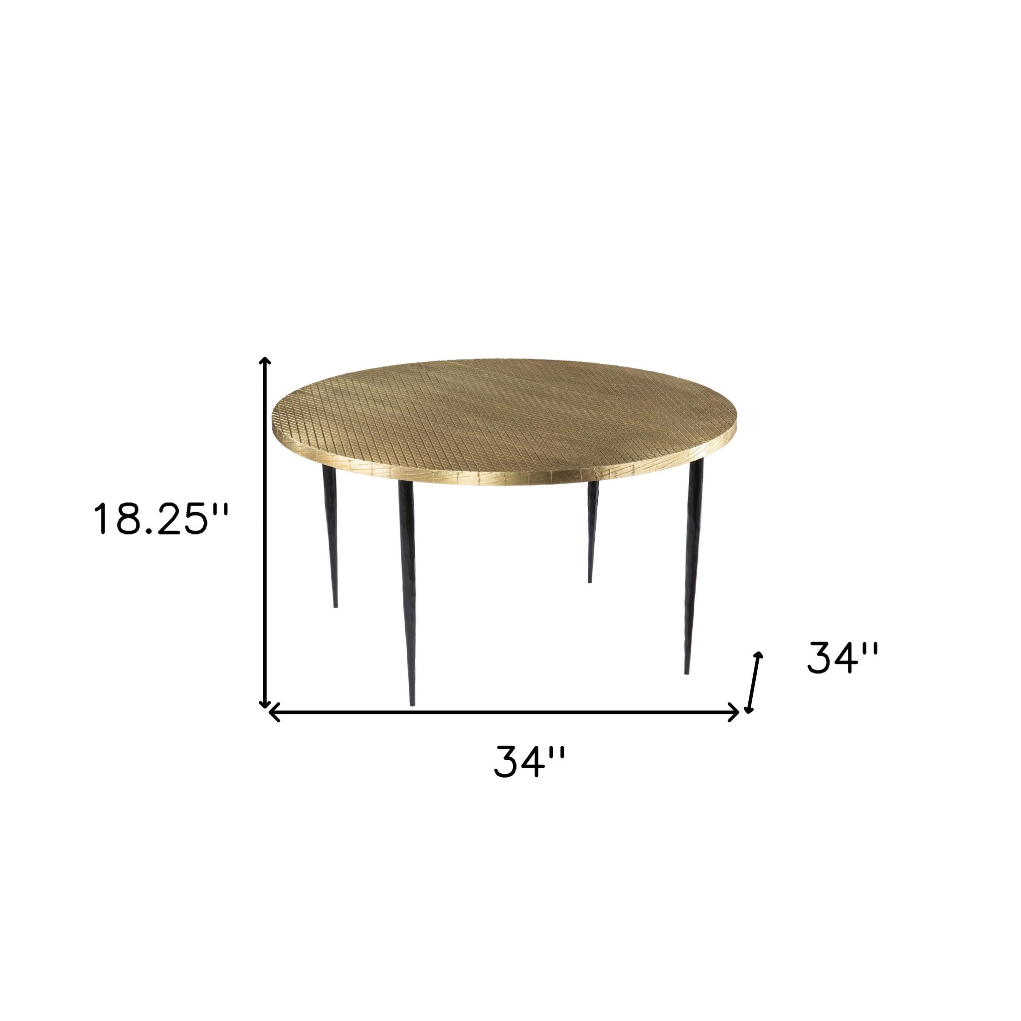 34" Black And Gold Embossed Metal Round Coffee Table-Coffee Tables-DECOROLALA