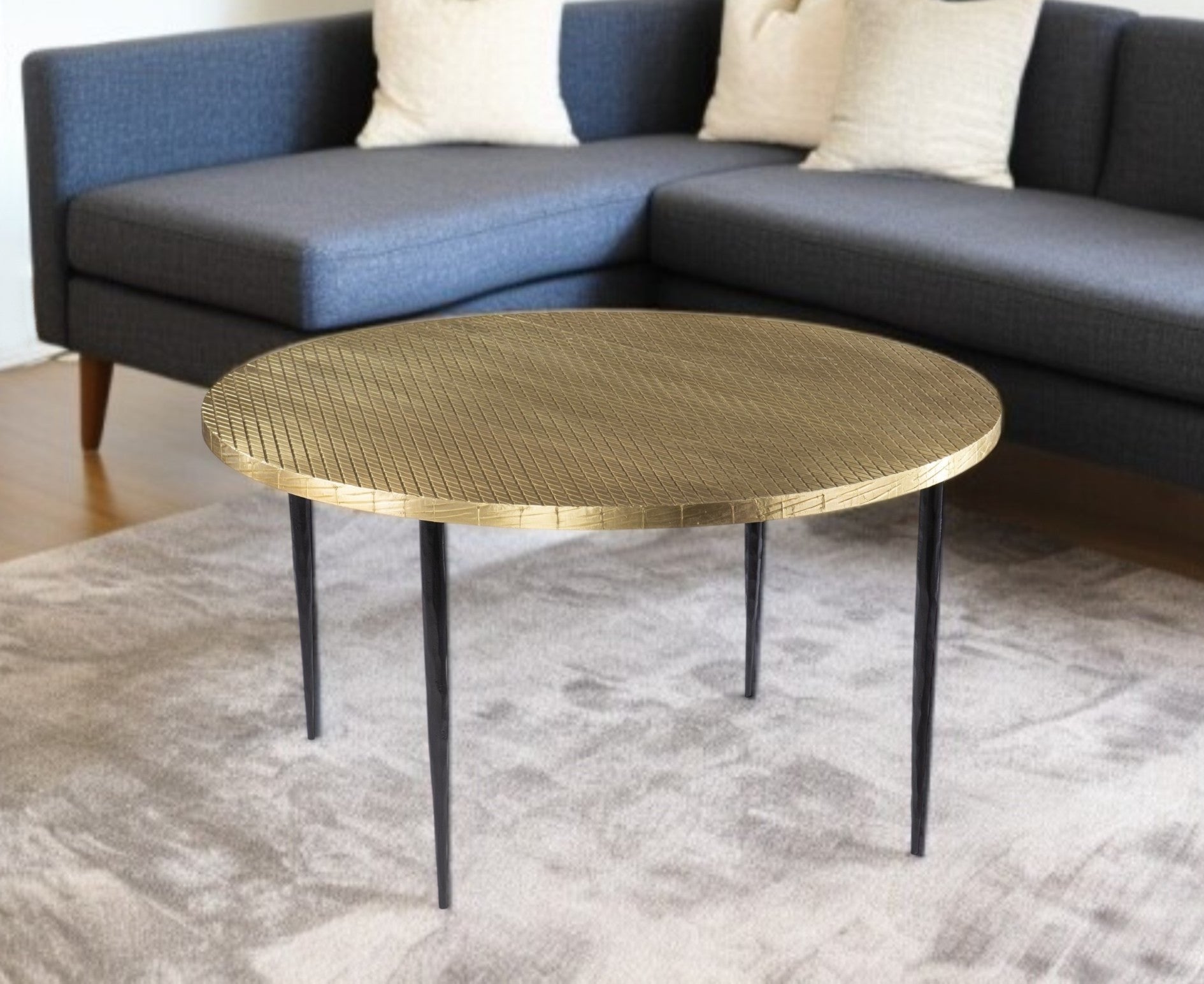 34" Black And Gold Embossed Metal Round Coffee Table-Coffee Tables-DECOROLALA