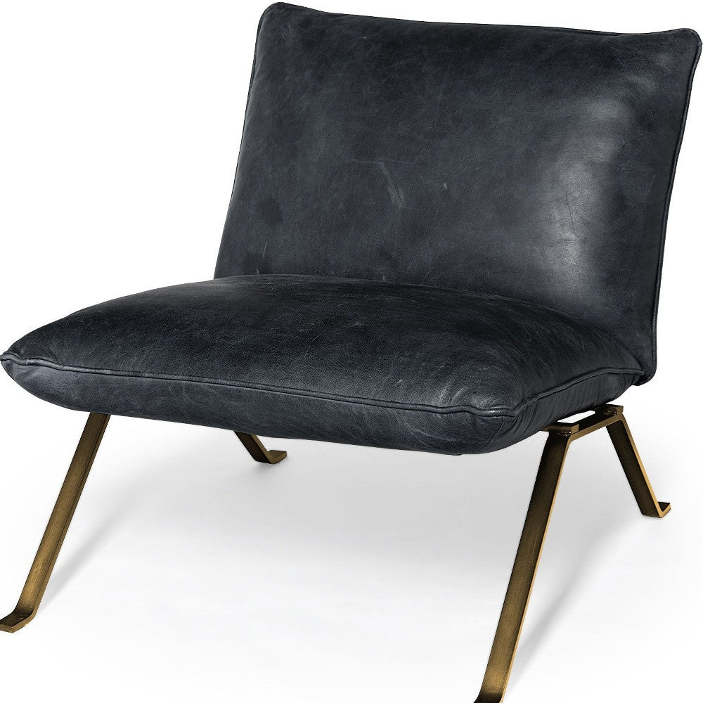 34" Black and Brass Top Grain Leather Distressed Slipper Chair-Accent Chairs-DECOROLALA