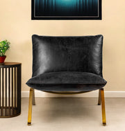 34" Black and Brass Top Grain Leather Distressed Slipper Chair-Accent Chairs-DECOROLALA
