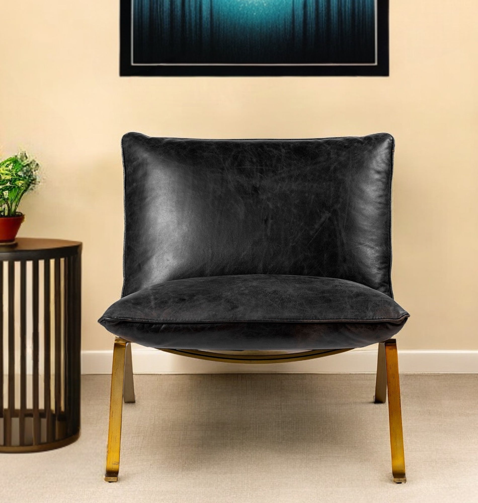 34" Black and Brass Top Grain Leather Distressed Slipper Chair-Accent Chairs-DECOROLALA