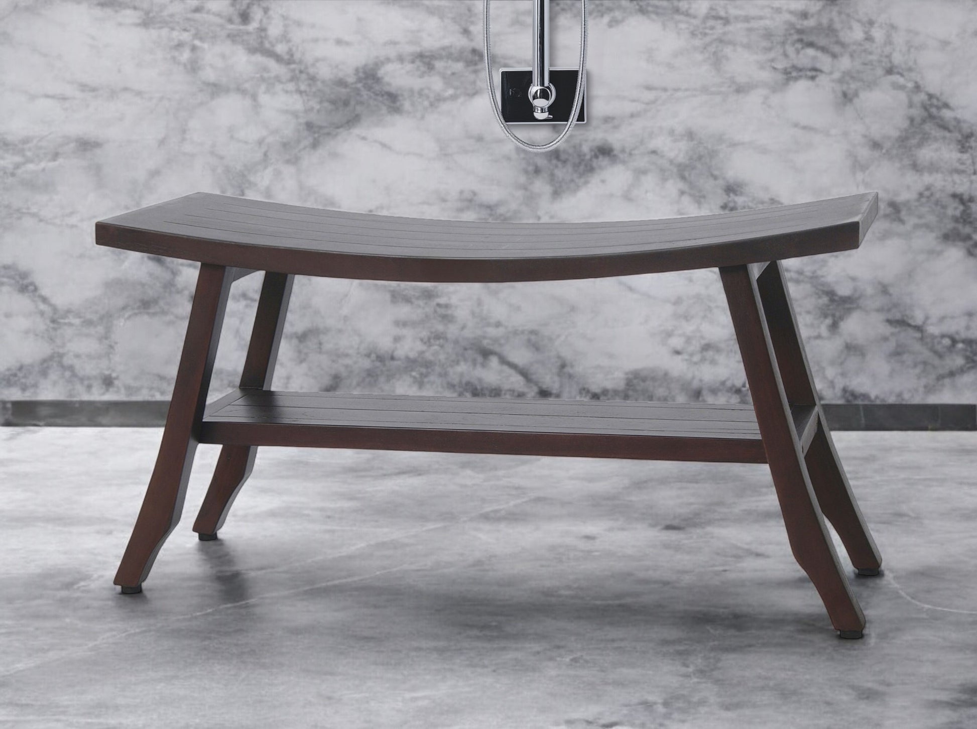 34" Brown Teak Shower Bench With Shelf-Shower Benches-DECOROLALA