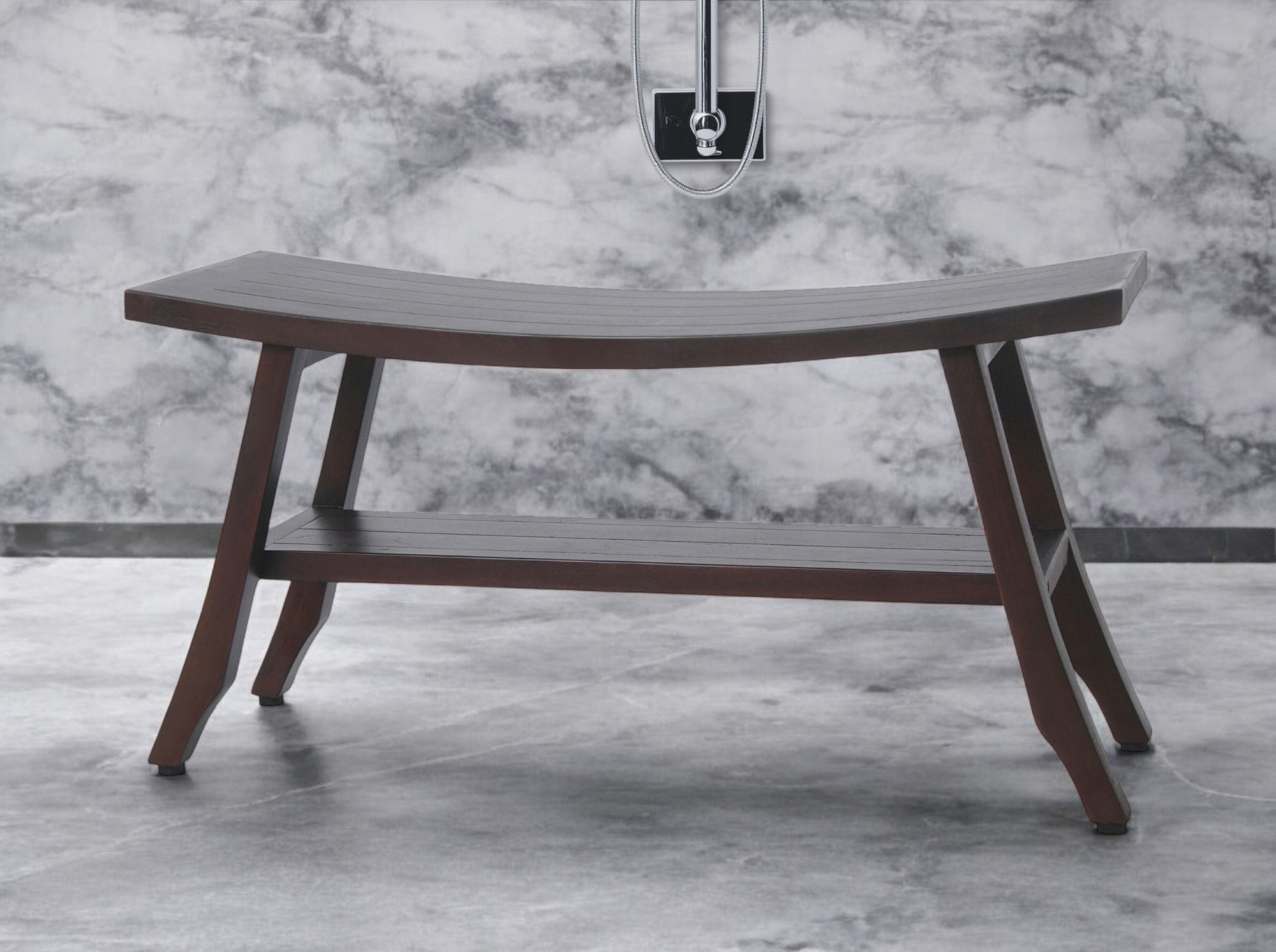 34" Brown Teak Shower Bench With Shelf-Shower Benches-DECOROLALA