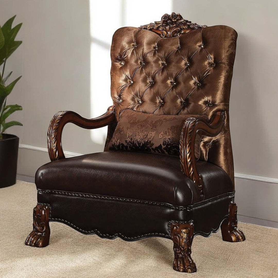34" Golden Brown and Chocolate Velvet Tufted Arm Chair And Toss Pillow-Accent Chairs-DECOROLALA