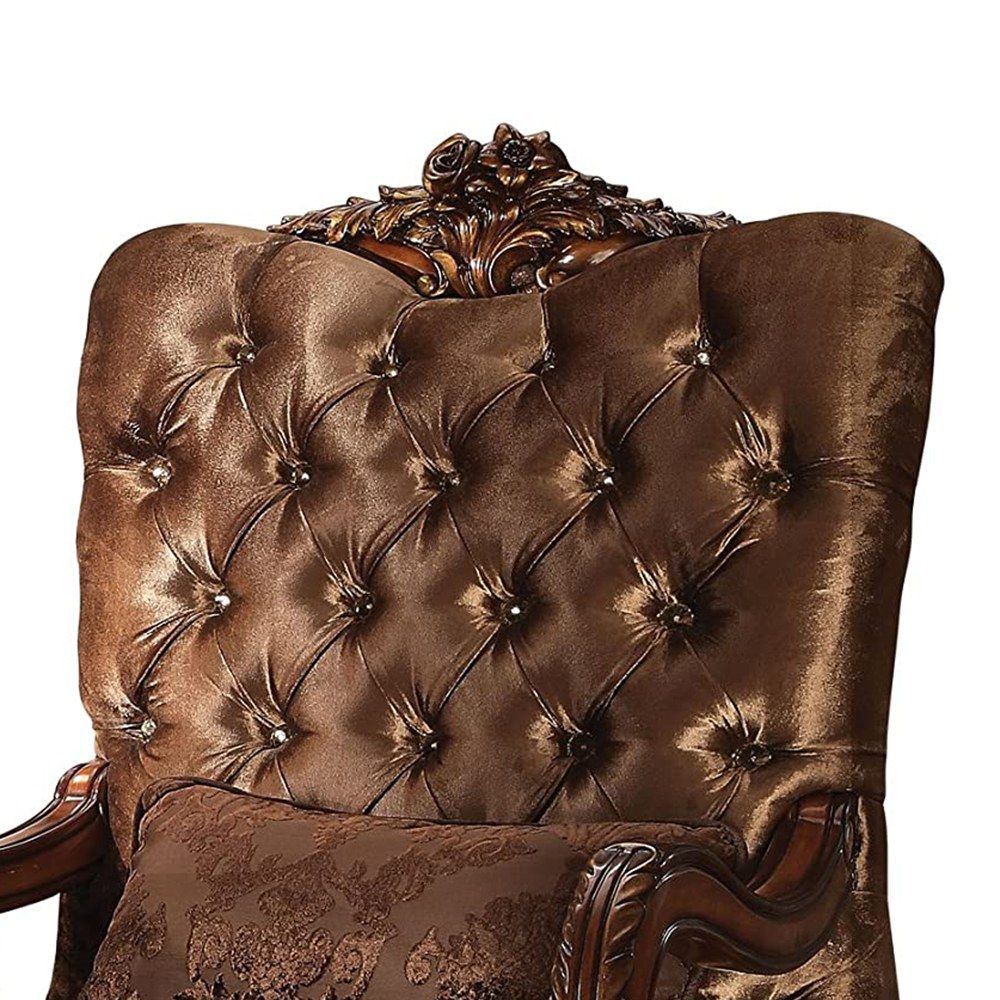 34" Golden Brown and Chocolate Velvet Tufted Arm Chair And Toss Pillow-Accent Chairs-DECOROLALA