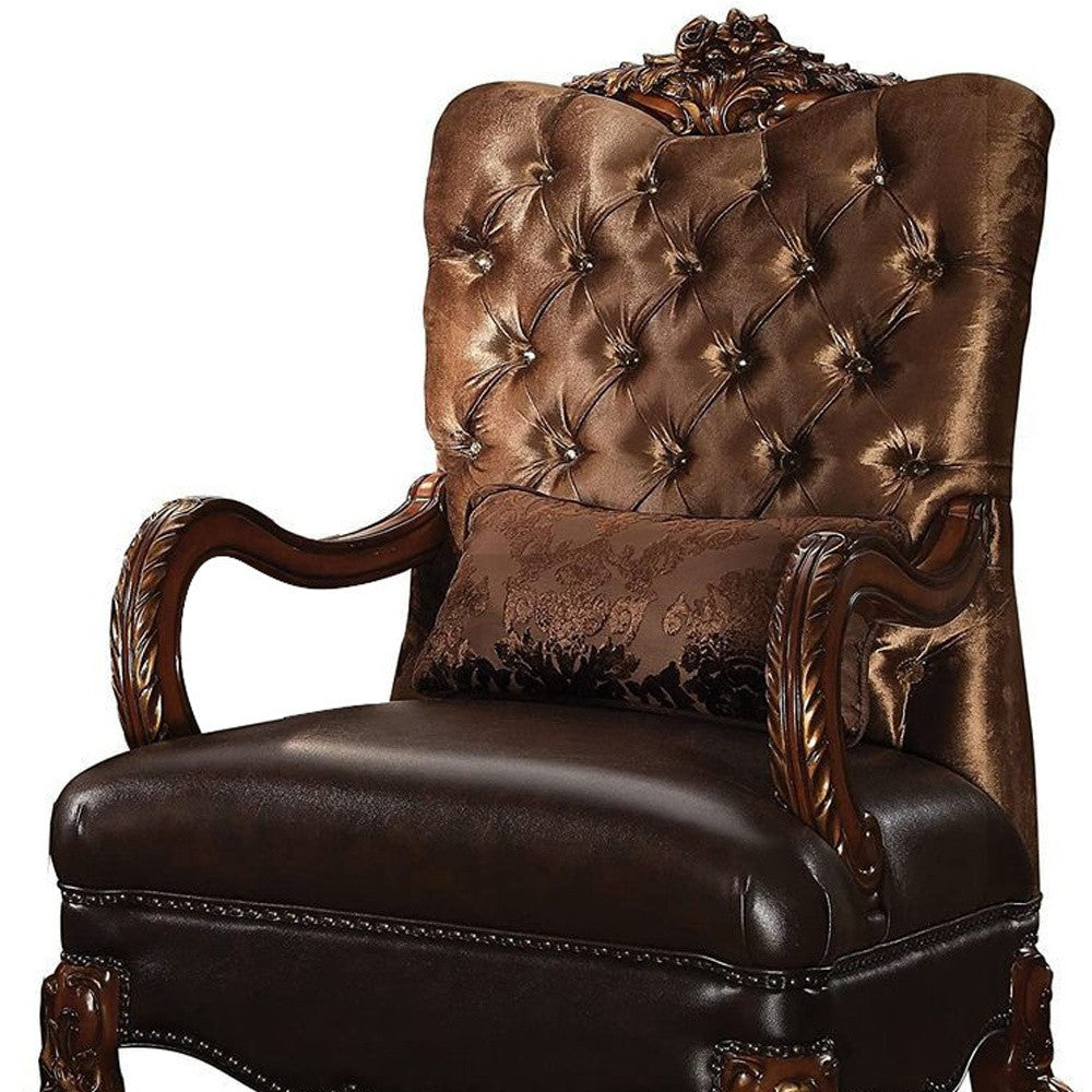 34" Golden Brown and Chocolate Velvet Tufted Arm Chair And Toss Pillow-Accent Chairs-DECOROLALA