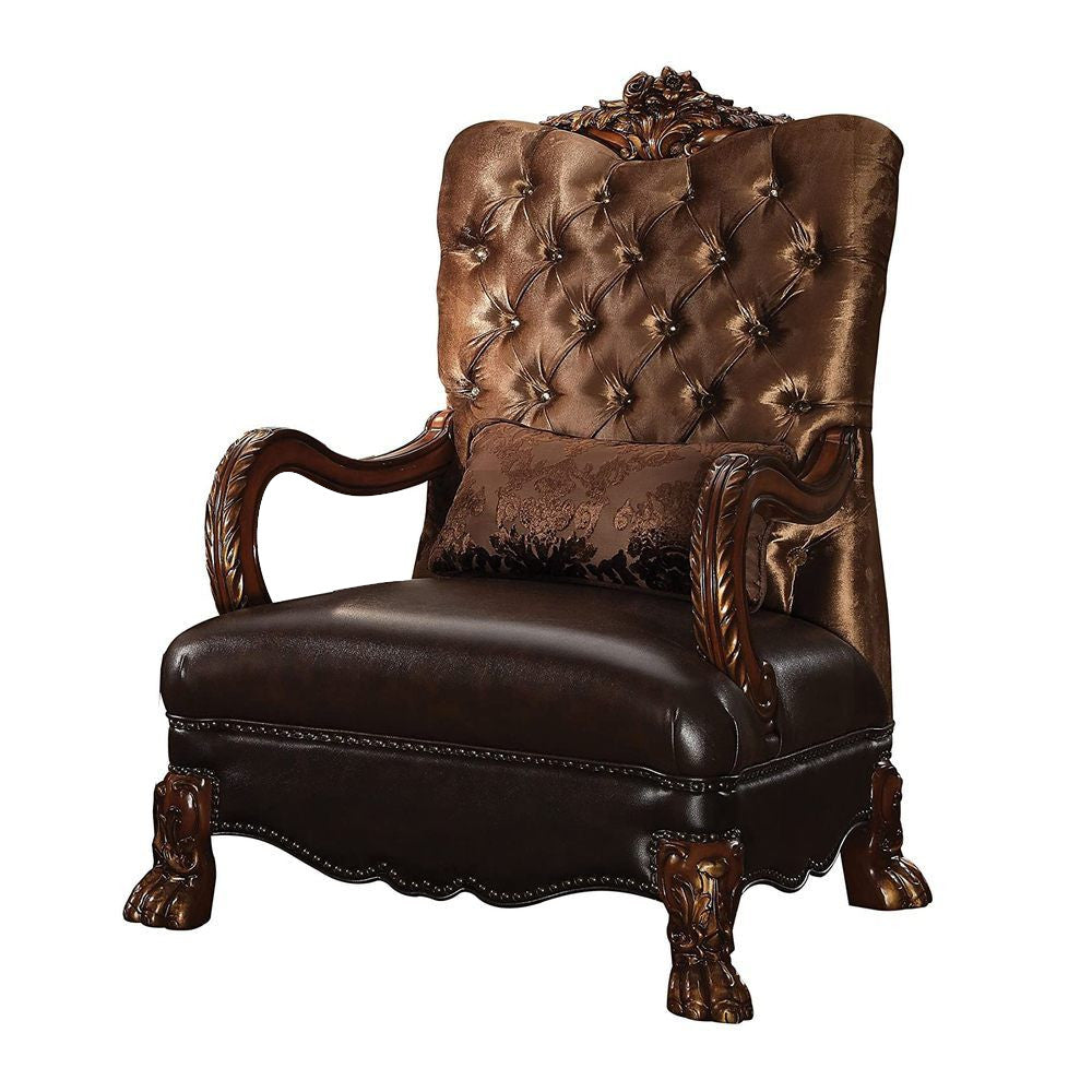 34" Golden Brown and Chocolate Velvet Tufted Arm Chair And Toss Pillow-Accent Chairs-DECOROLALA