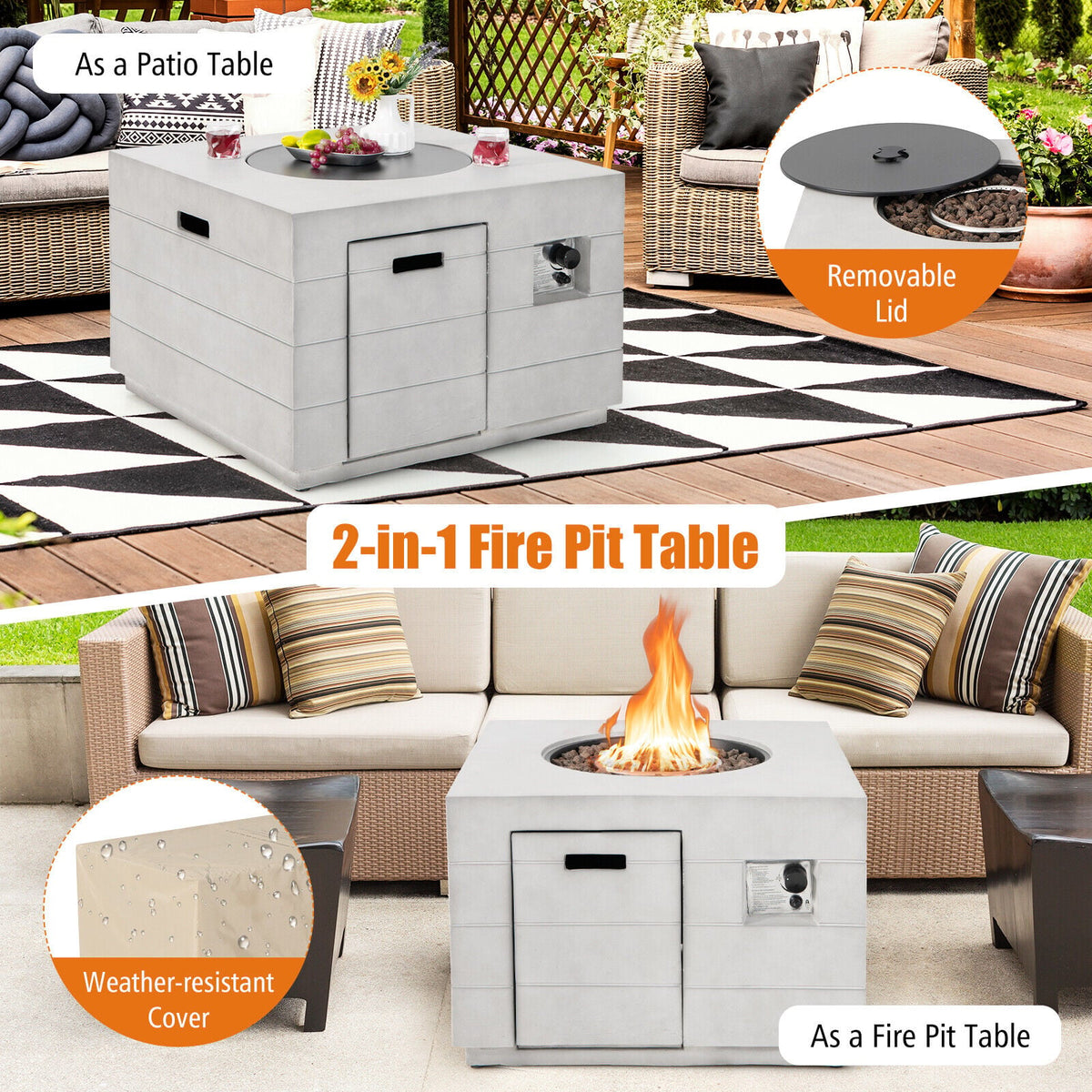 34 Inch Square Concrete Propane Fire Pit Table with Lava Rocks and Cover 50 000 BTU-Gray-Fire Pit Tables-DECOROLALA