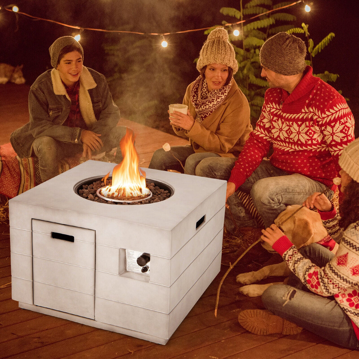 34 Inch Square Concrete Propane Fire Pit Table with Lava Rocks and Cover 50 000 BTU-Gray-Fire Pit Tables-DECOROLALA