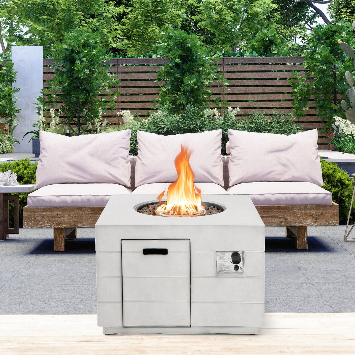 34 Inch Square Concrete Propane Fire Pit Table with Lava Rocks and Cover 50 000 BTU-Gray-Fire Pit Tables-DECOROLALA