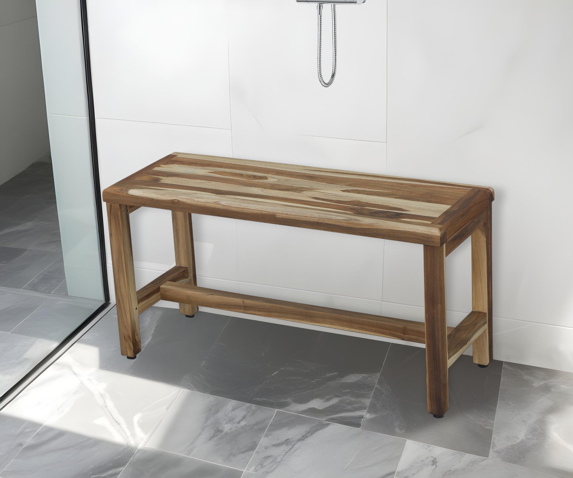 34" Natural Teak Rectangular Shower Bench With Shelf-Shower Benches-DECOROLALA