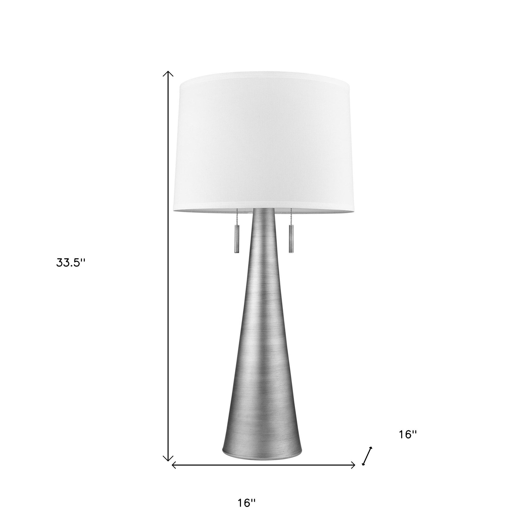 34" Silver Metal Two Light Table Lamp With White Empire Shade-Table Lamps-DECOROLALA