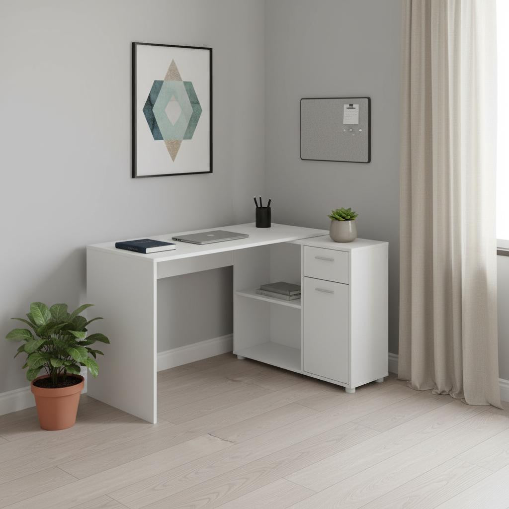 34" White L Shape Computer Desk With Two Drawers-Desks-DECOROLALA