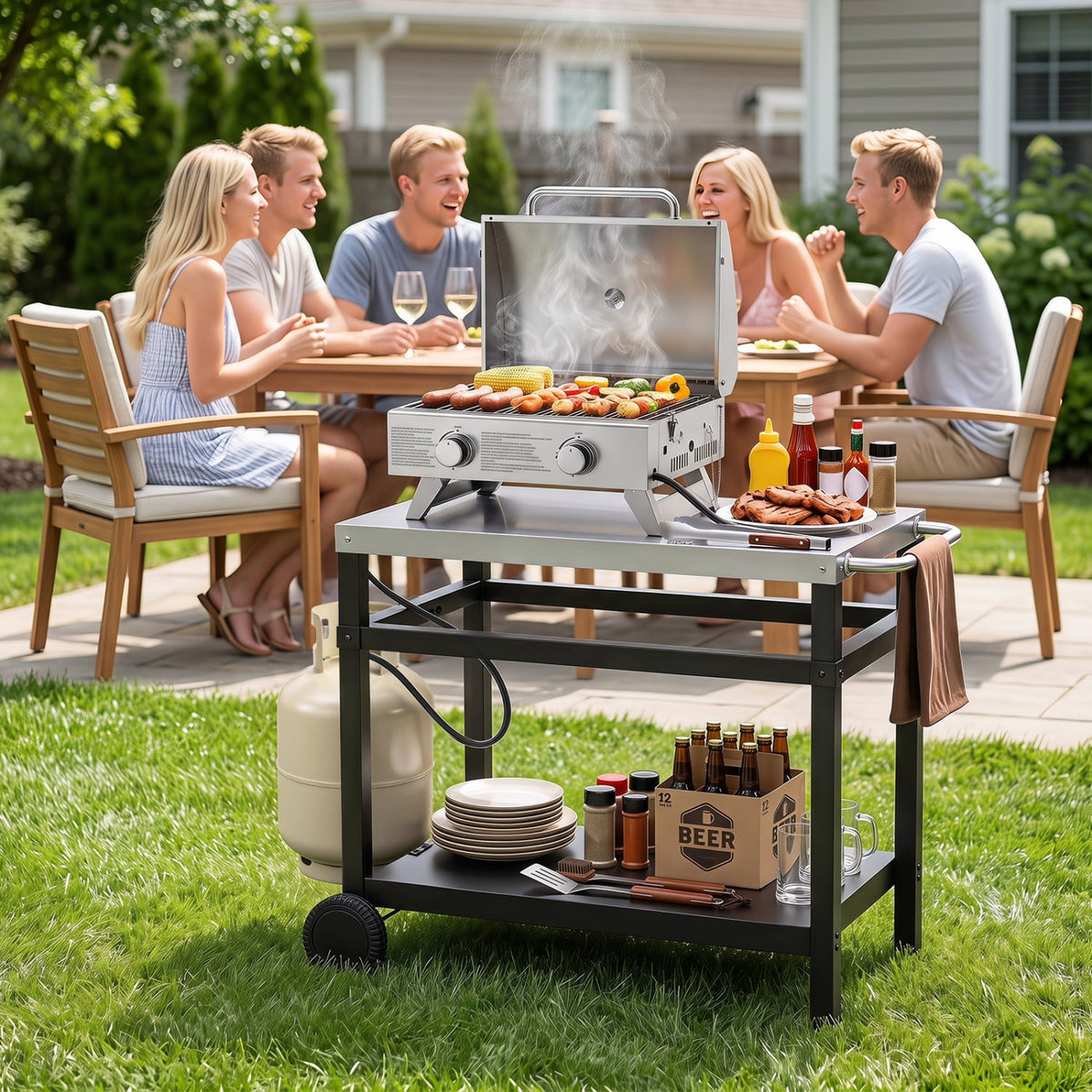 34" x 20" Double-Shelf Grill Table with Steel Top-Black-Outdoor Grills-DECOROLALA
