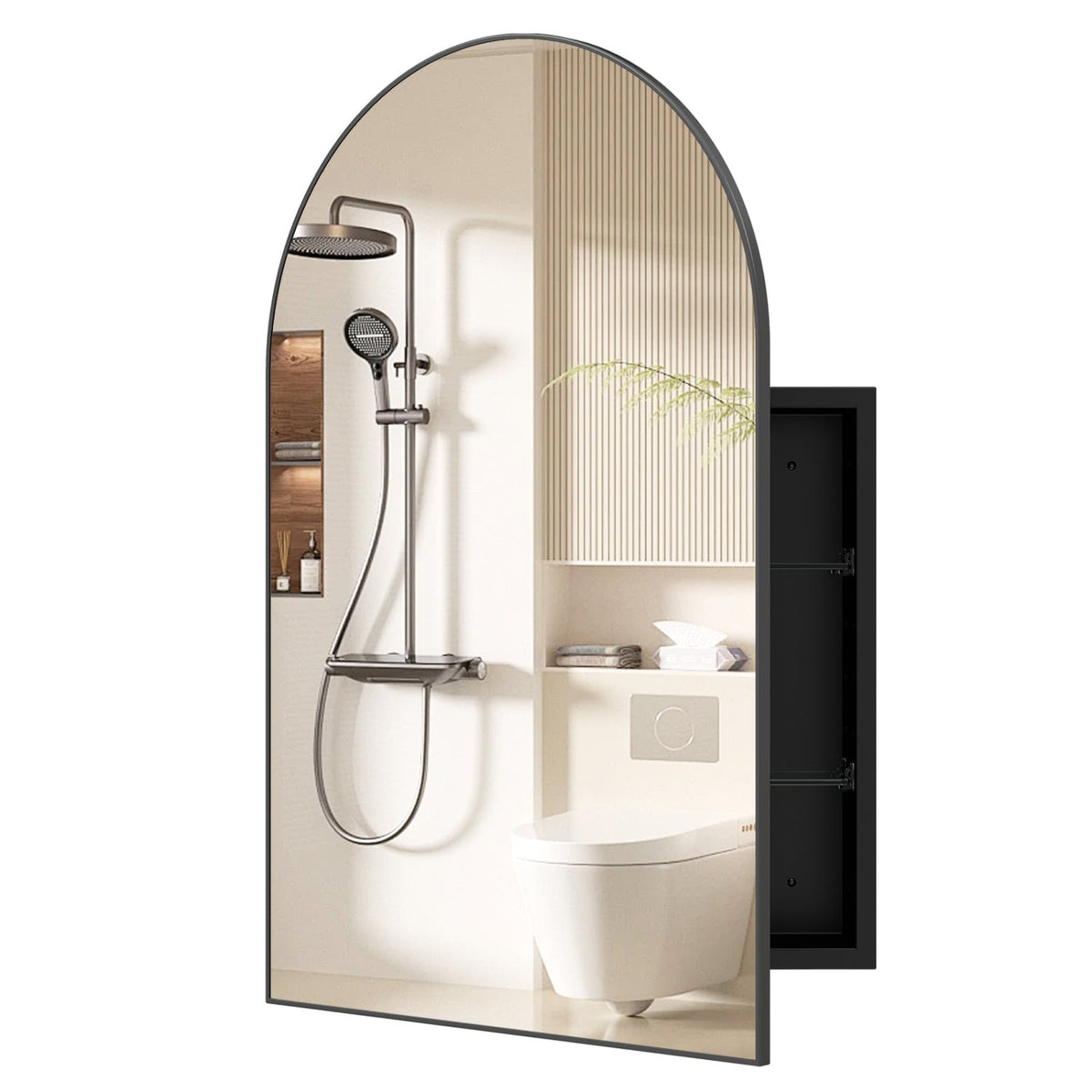 34" x 22" Arched Mirror Medicine Cabinet - Brushed Metal Black-Wall Cabinets-DECOROLALA