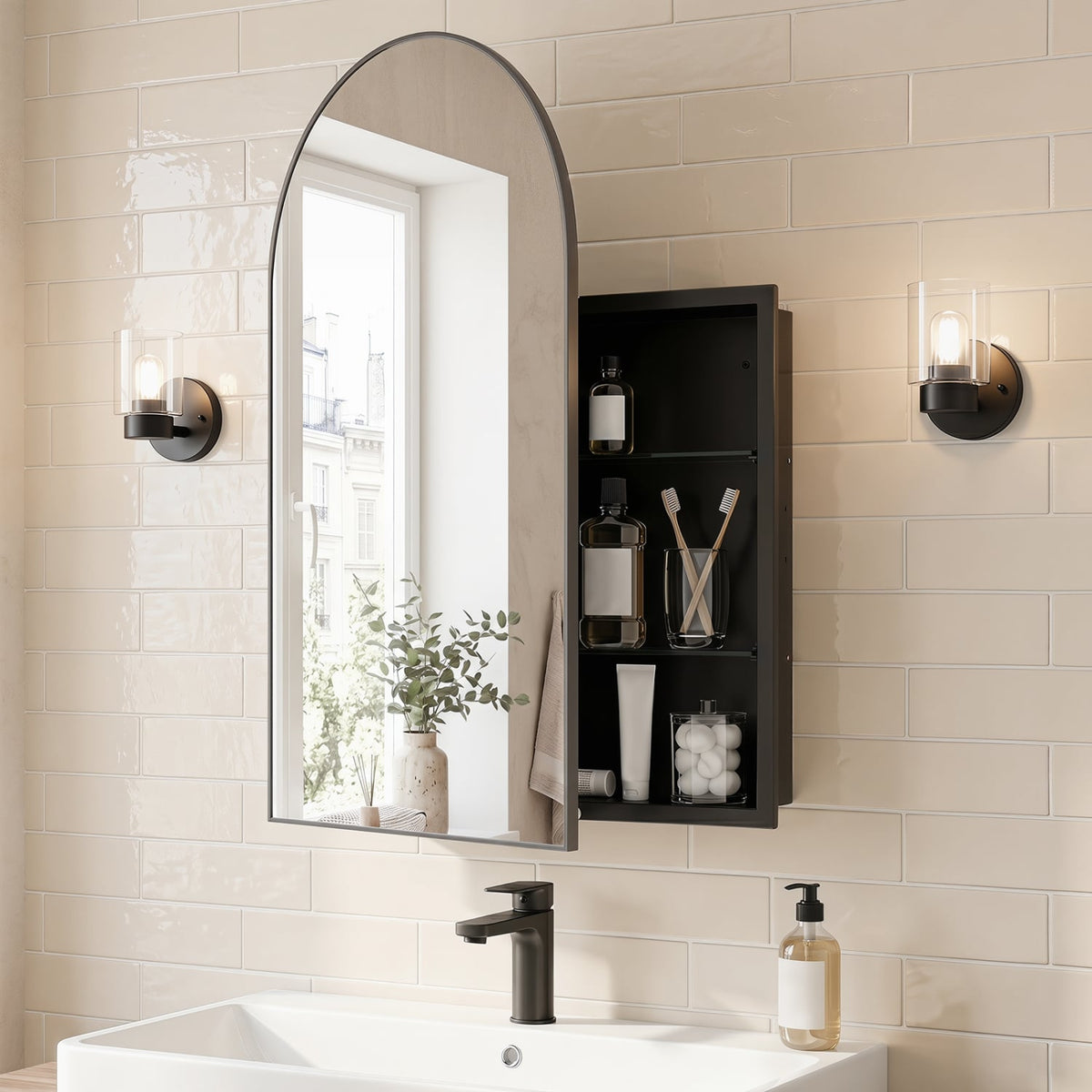 34" x 22" Arched Mirror Medicine Cabinet - Brushed Metal Black-Wall Cabinets-DECOROLALA