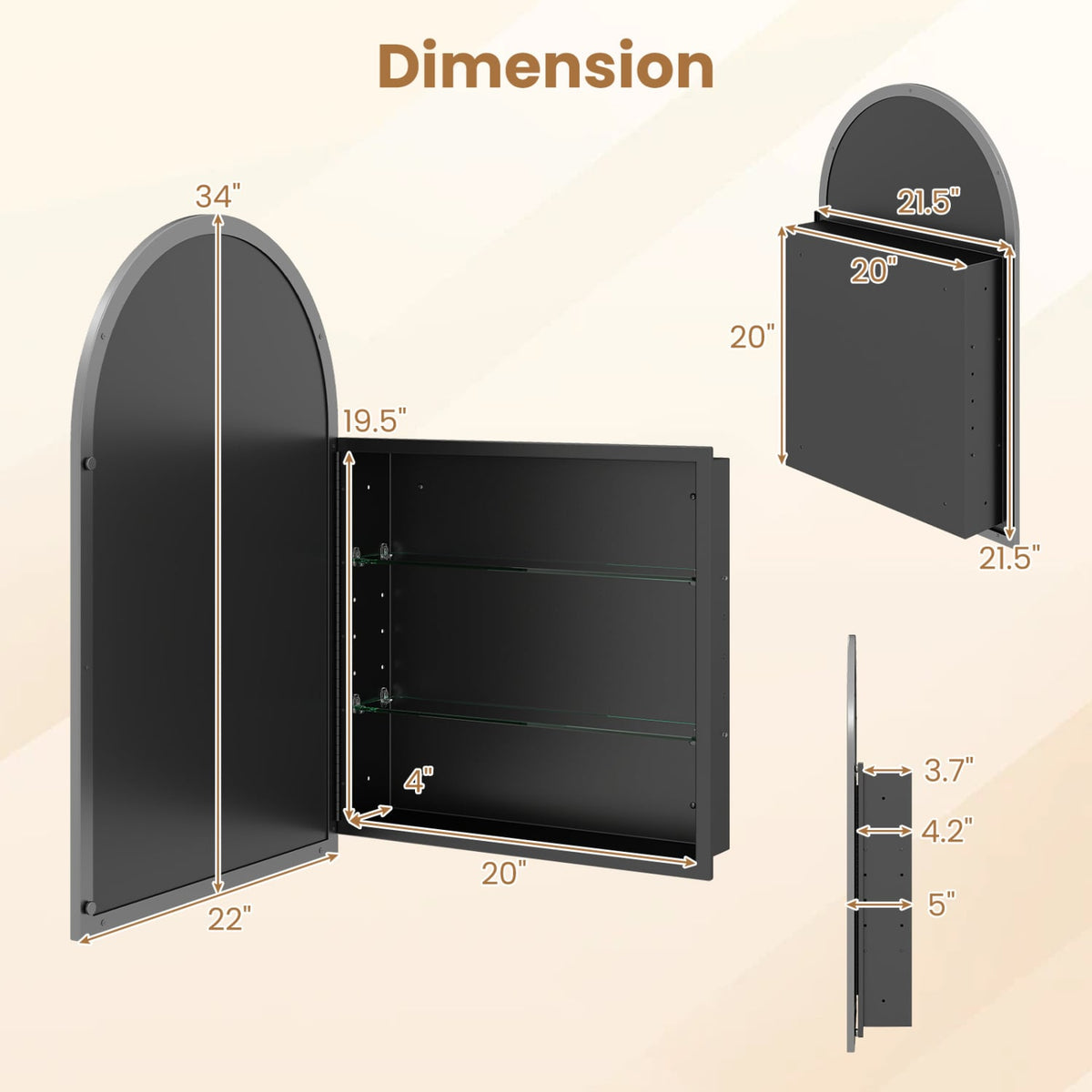 34" x 22" Arched Mirror Medicine Cabinet - Brushed Metal Black-Wall Cabinets-DECOROLALA