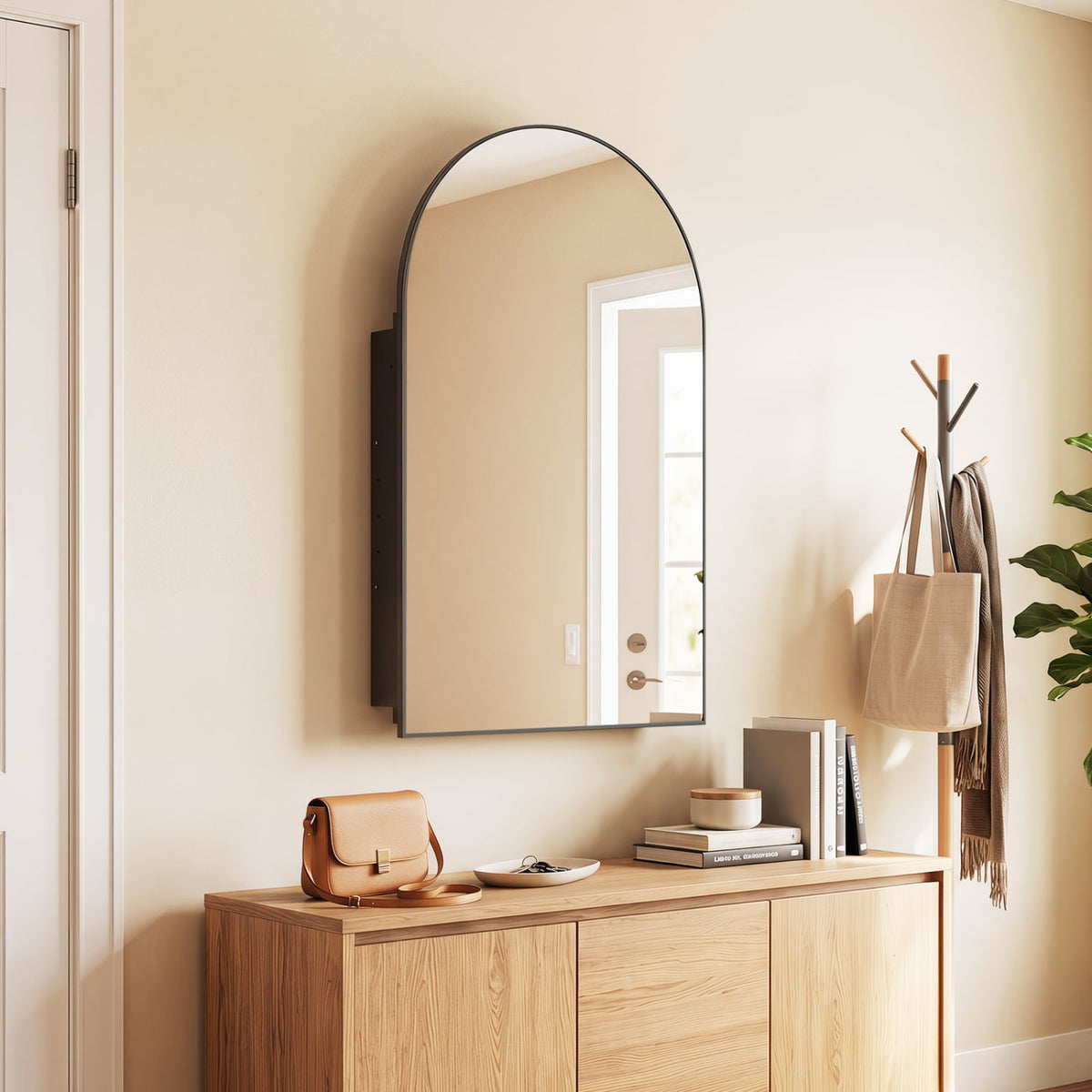 34" x 22" Arched Mirror Medicine Cabinet - Brushed Metal Black-Wall Cabinets-DECOROLALA