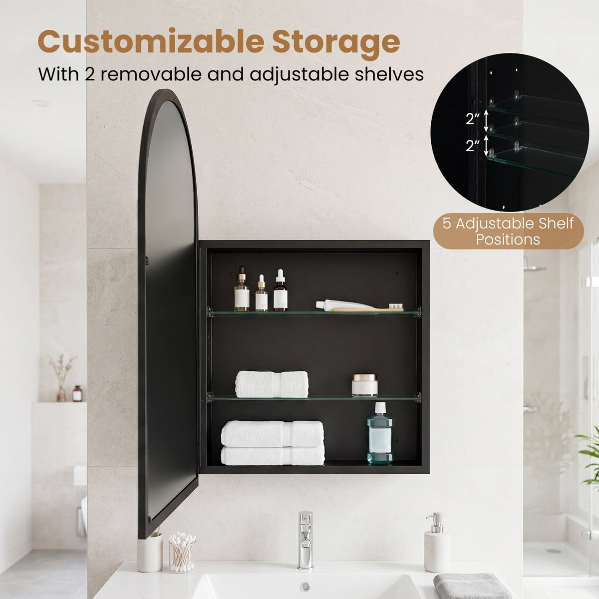 34" x 22" Arched Mirror Medicine Cabinet - Brushed Metal Black-Wall Cabinets-DECOROLALA