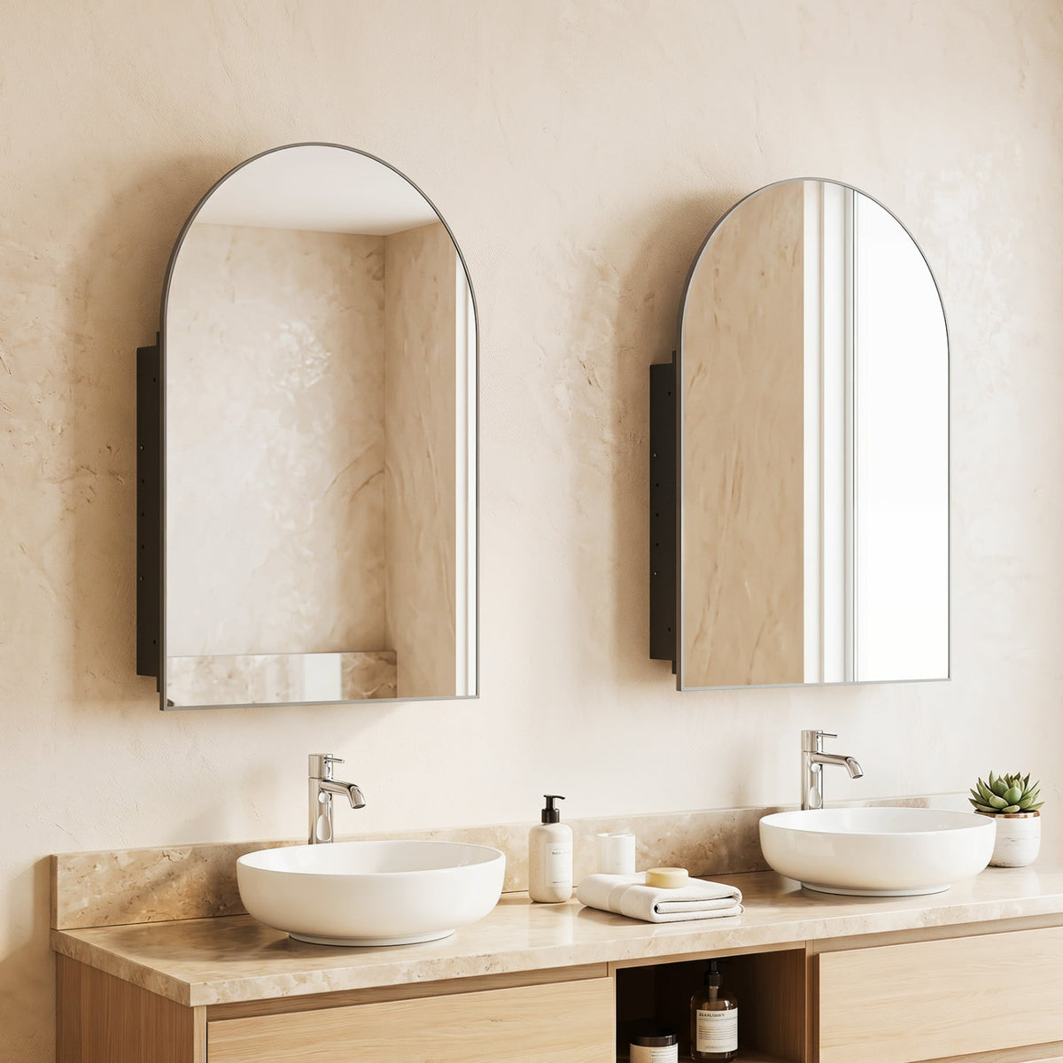 34" x 22" Arched Mirror Medicine Cabinet - Brushed Metal Black-Wall Cabinets-DECOROLALA