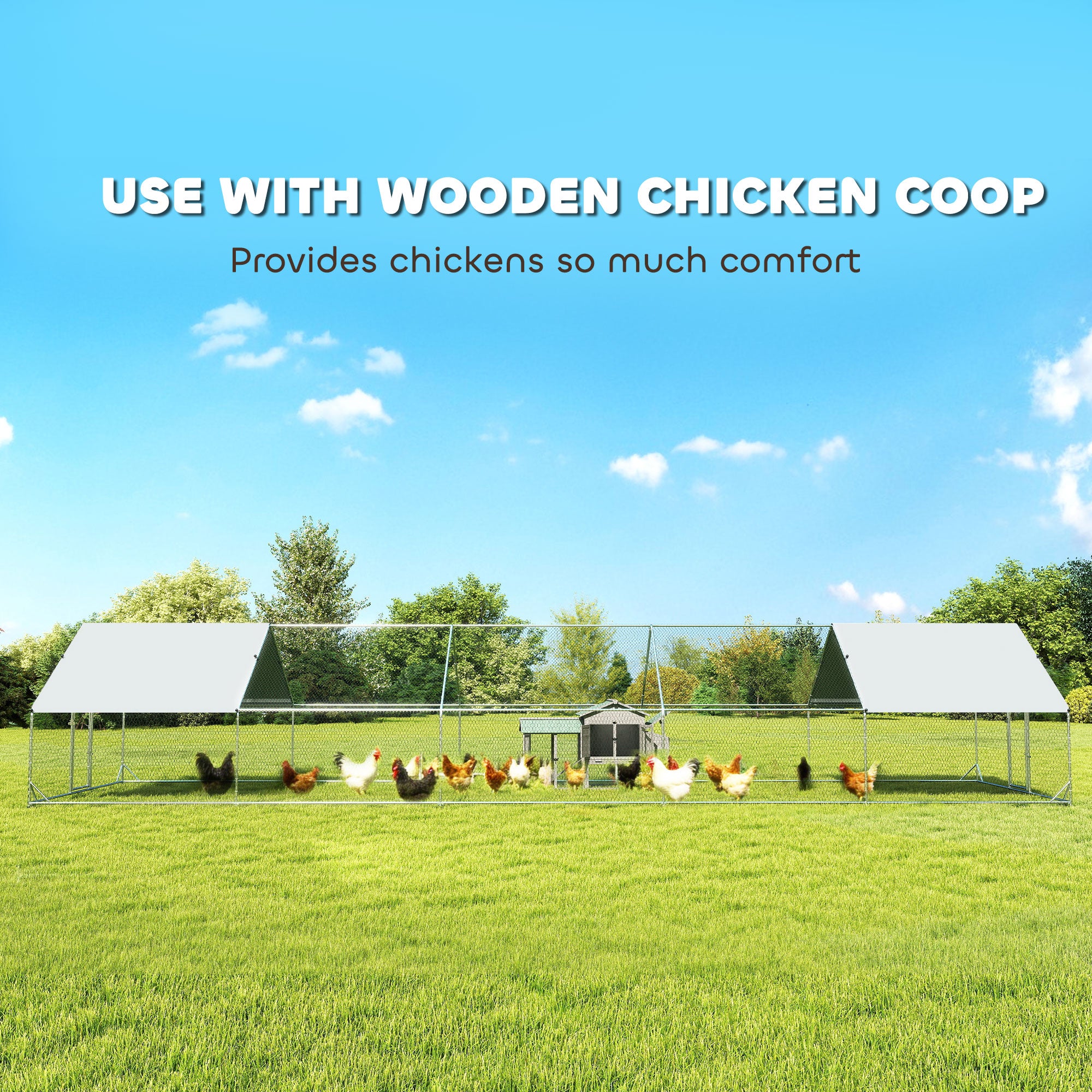 Metal Chicken Coop with Water- and UV-Protection Cover for Backyard Hen, Duck, Rabbit, 32.8' x 9.8' x 6.4'